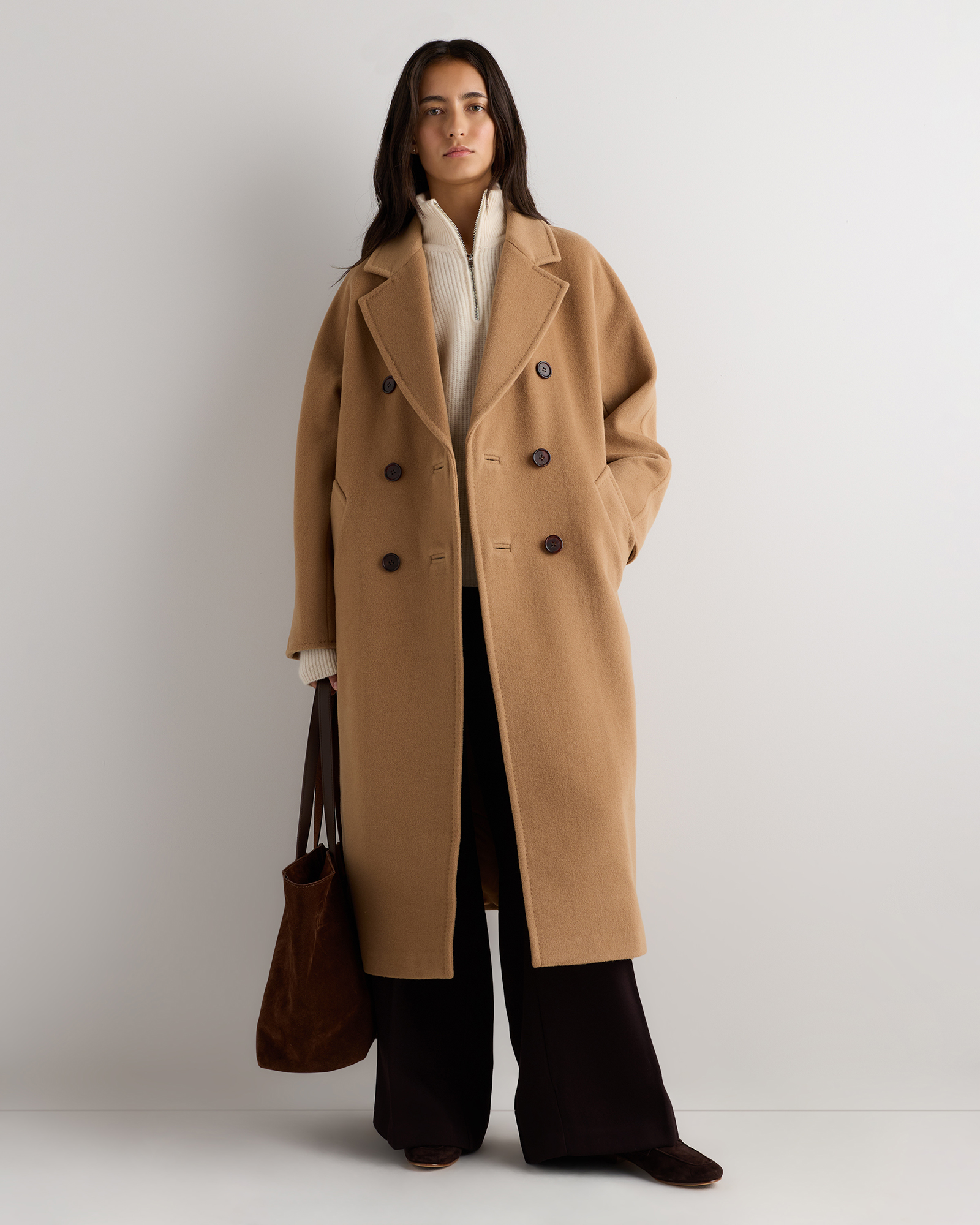Caramel Wool Cashmere Double-Breasted Belted Long Coat