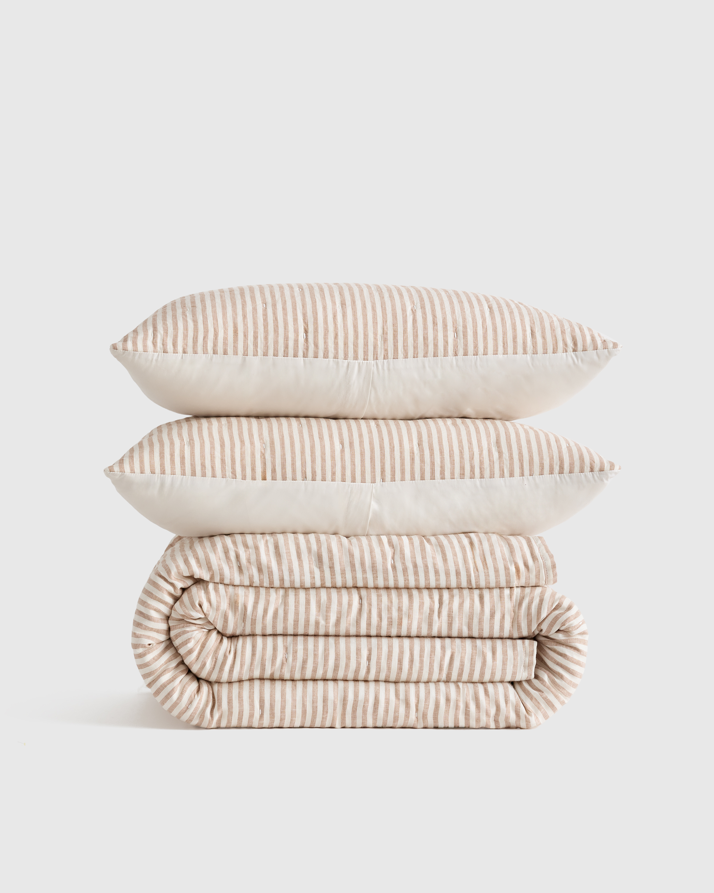 Latte/White Stripe European Linen Patterned Quilt Set