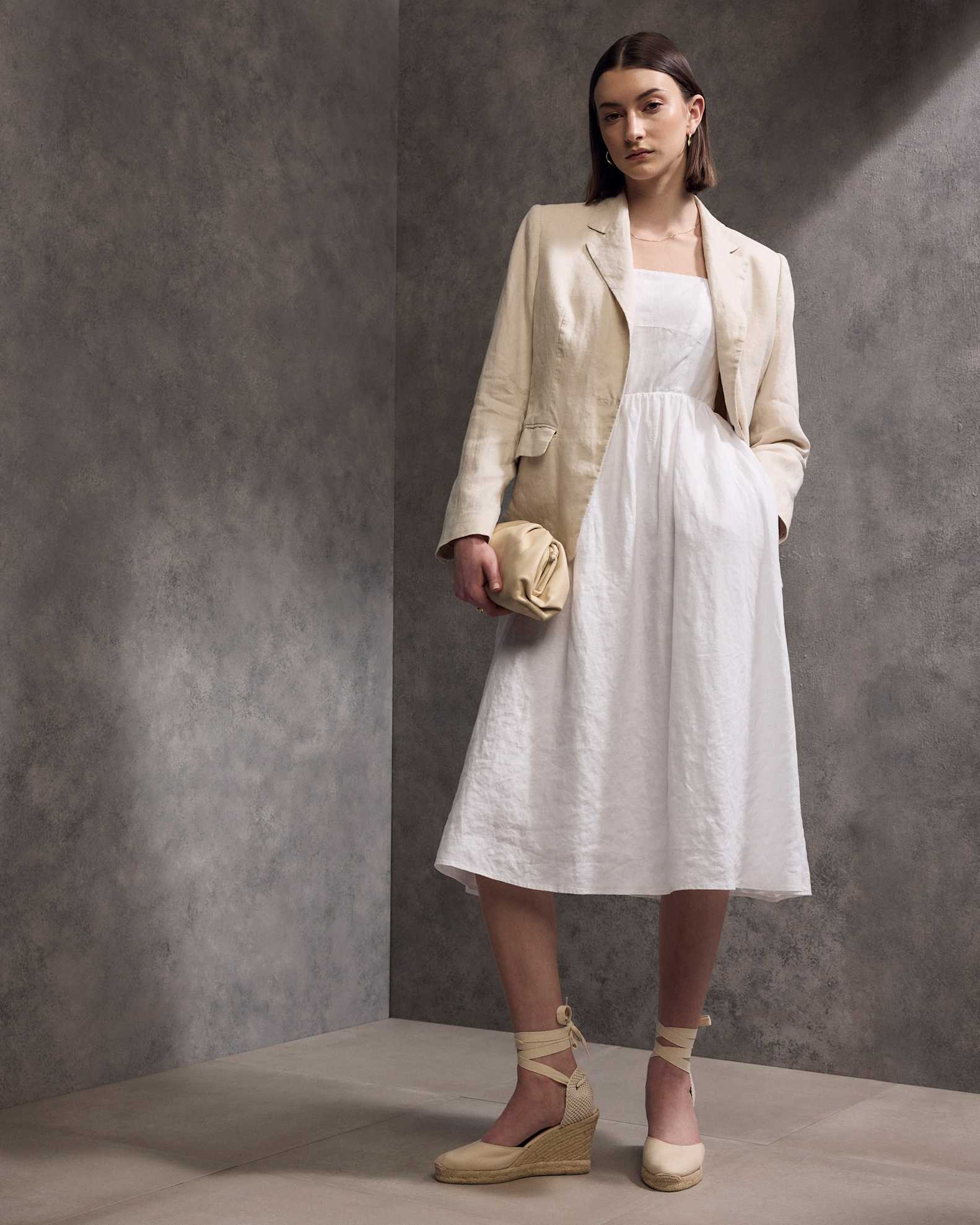 100% European Linen Fit & Flare Midi Dress in White 100% European Linen Fit & Flare Midi Dress in White