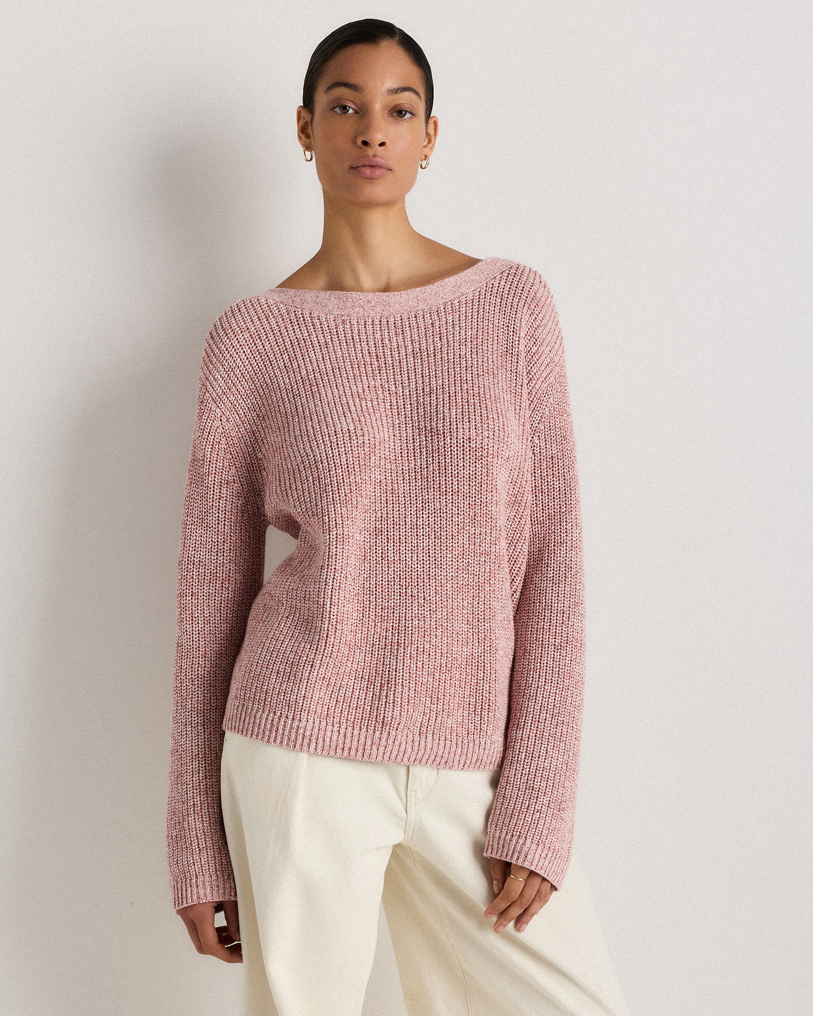 Marled Rose Pink 100% Organic Cotton Fisherman Boatneck Sweater