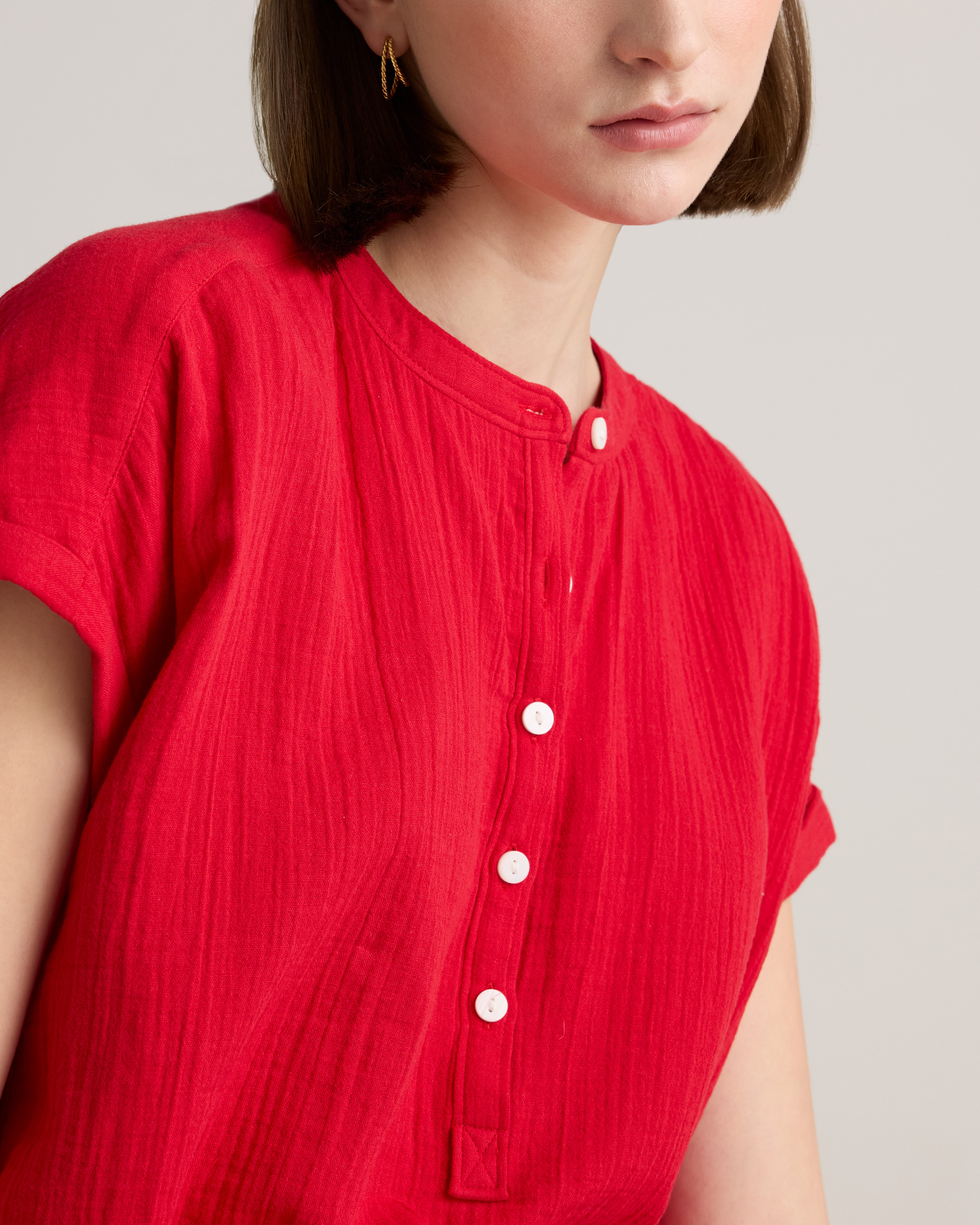 100% Organic Cotton Gauze Roll Sleeve Shirt in Wild Cherry
