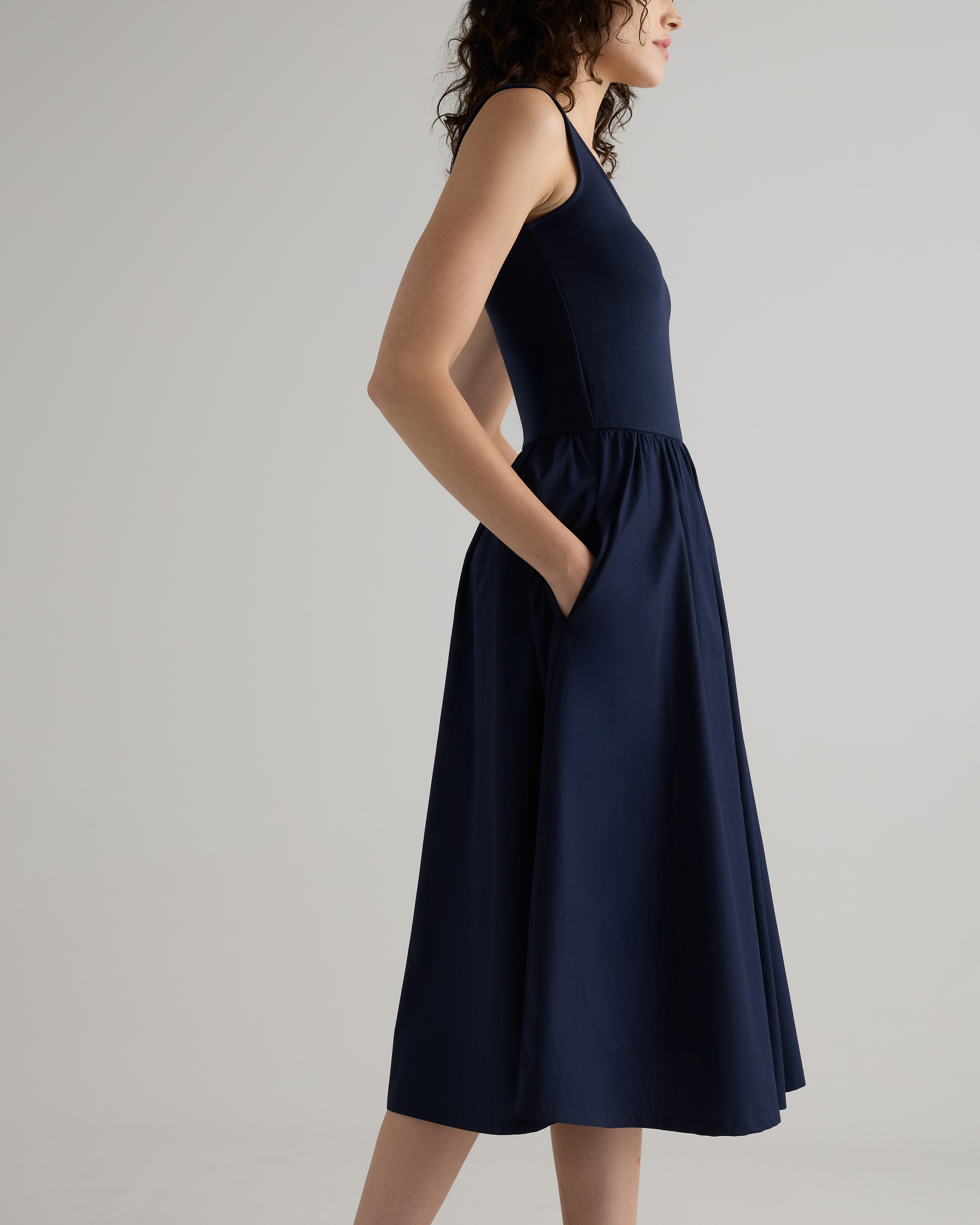 Cotton Mixed Media Tank Dress in Navy