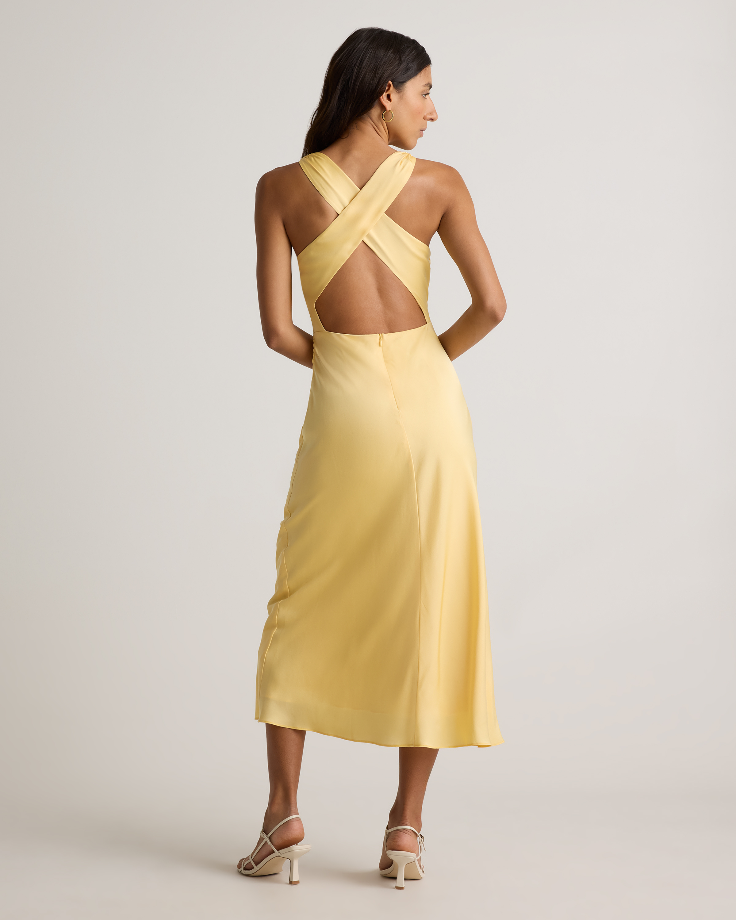 Washable Stretch Silk High Neck Midi Dress in Butter Yellow