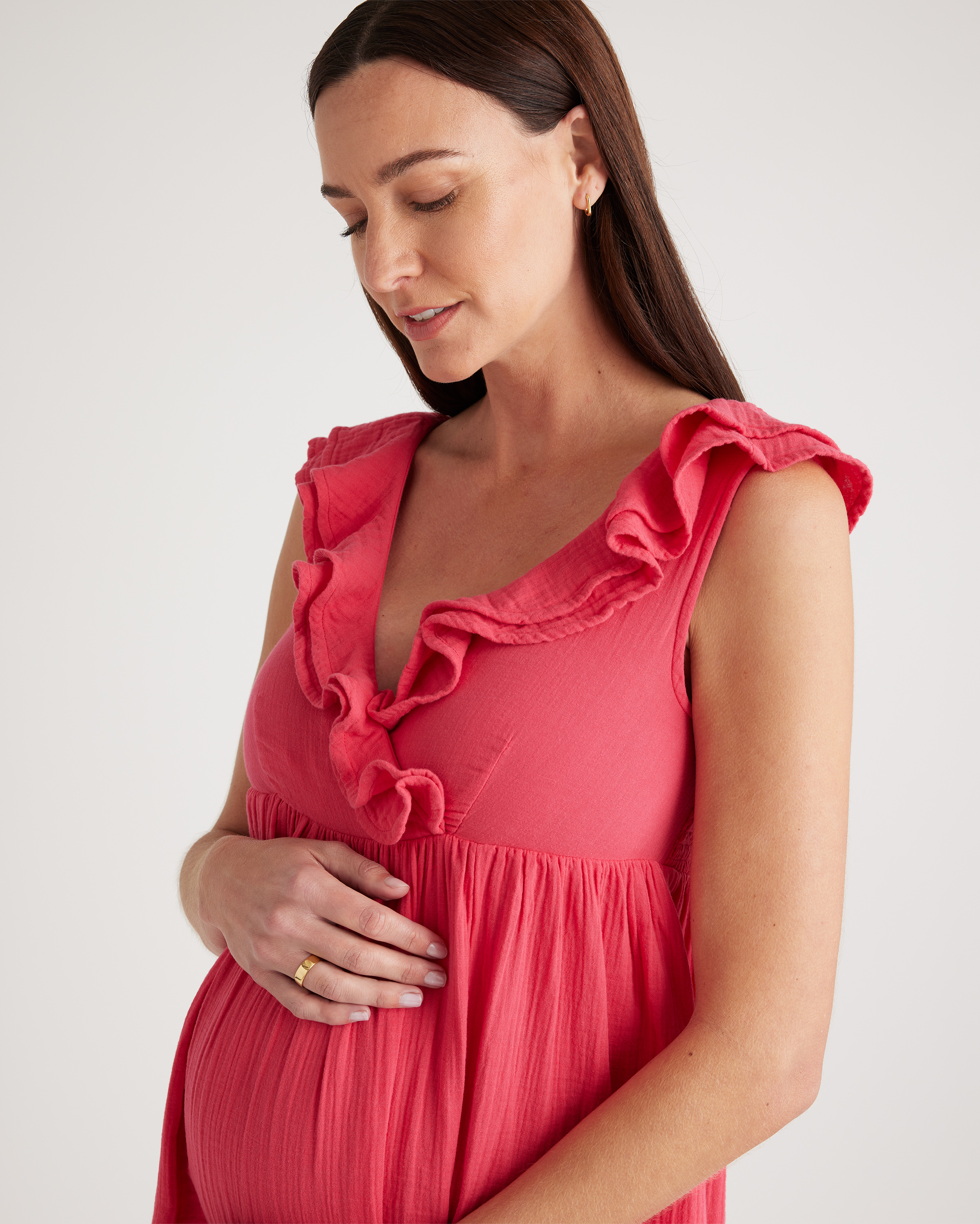 Women's Gauze Maternity Ruffle Front Dress in Hot Pink, Size Medium, Organic Cotton by Quince