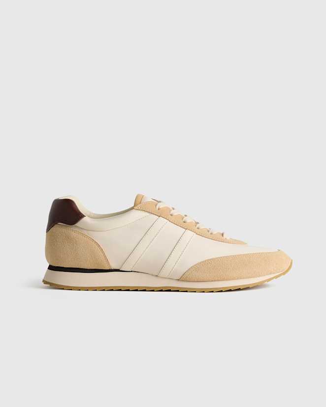 Beige Italian Suede and Re-Nylon Retro Runner