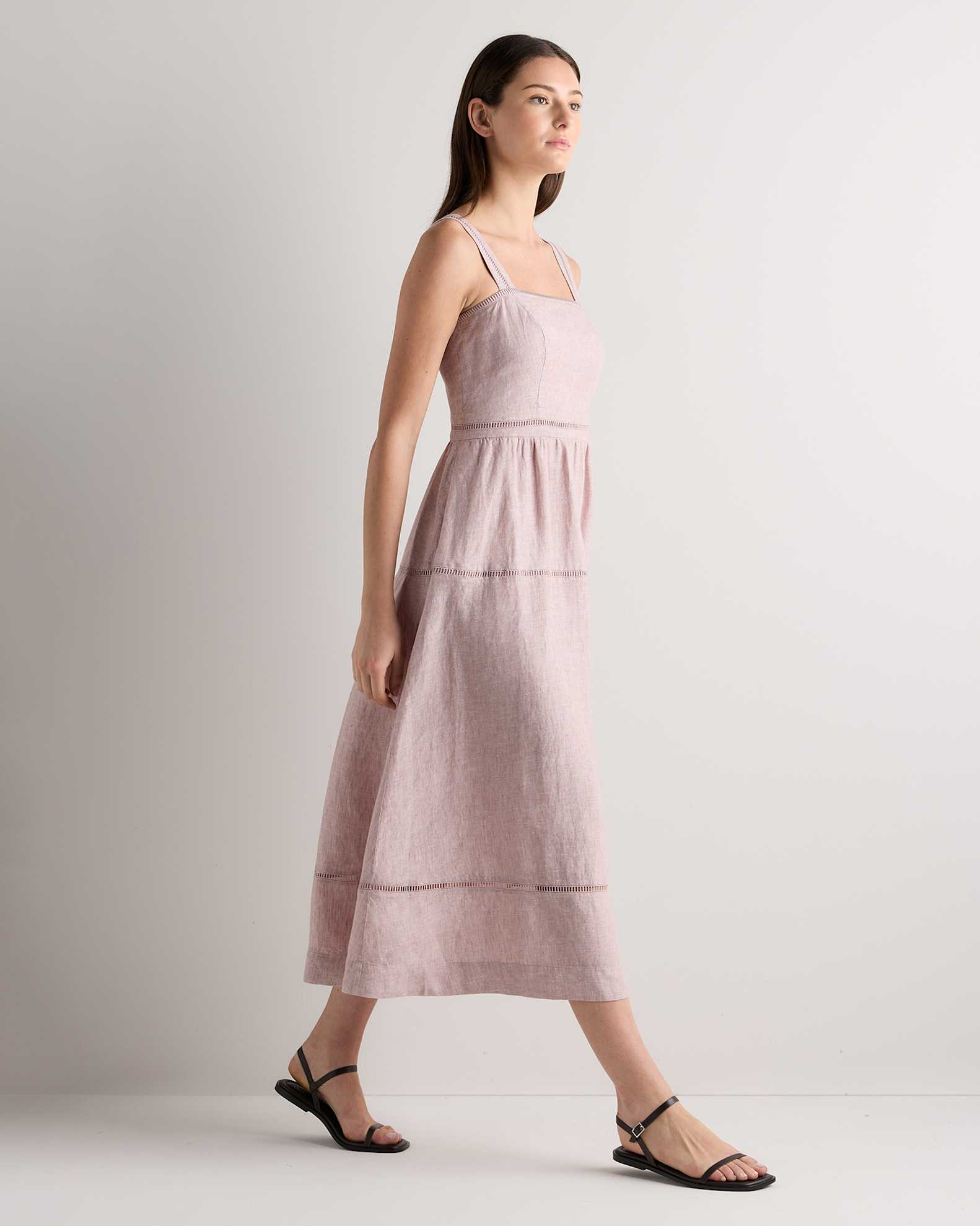 100% European Linen Ladder Stitch Midi Dress in Vintage Pink Chambray 100% European Linen Ladder Stitch Midi Dress in Vintage Pink Chambray