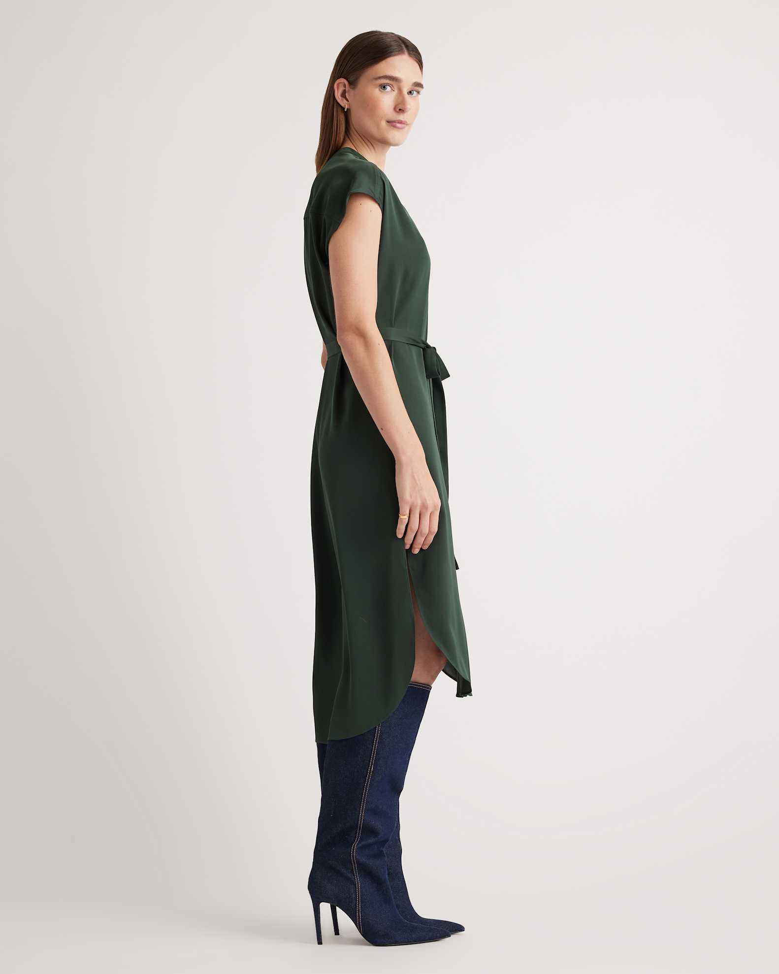 Quince Women's Stretch Silk Midi Shirt Dress, Forest Green, Size XS - Washable, Mulberry Silk, Modern Design Quince Women's Stretch Silk Midi Shirt Dress, Forest Green, Size XS - Washable, Mulberry Silk, Modern Design