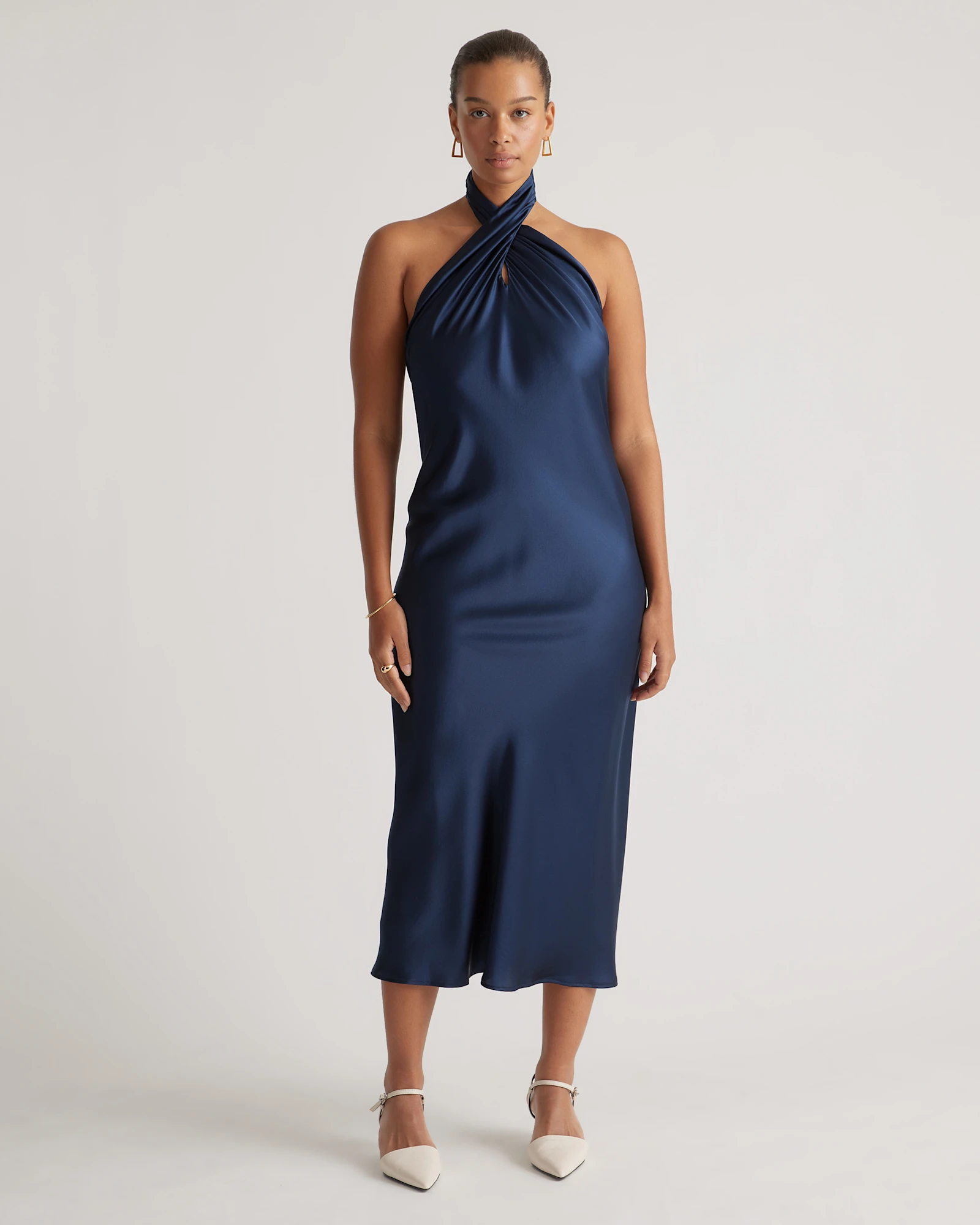 100% Washable Silk Twist Halter Midi Dress
