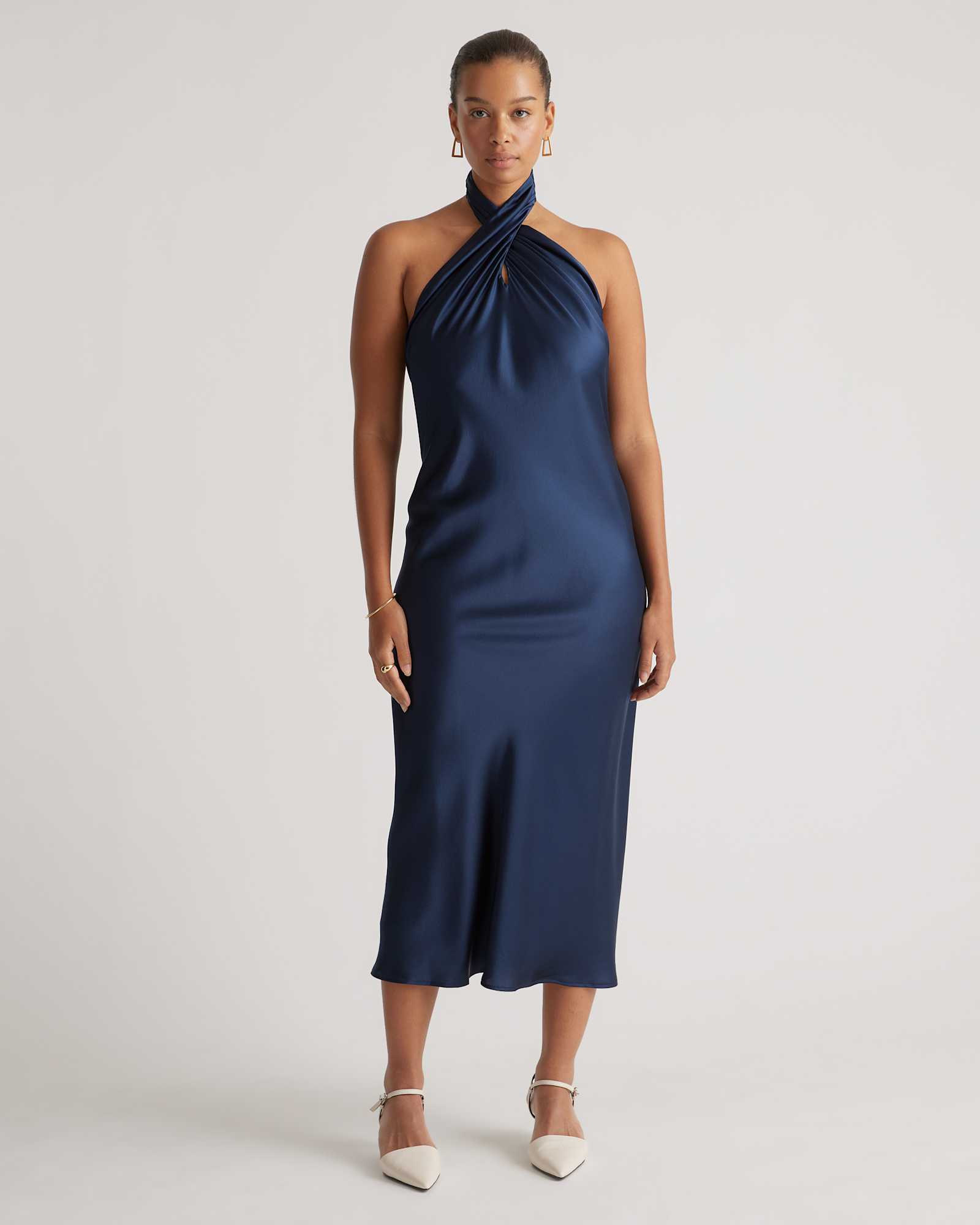 100% Washable Silk Twist Halter Midi Dress in Navy 100% Washable Silk Twist Halter Midi Dress in Navy