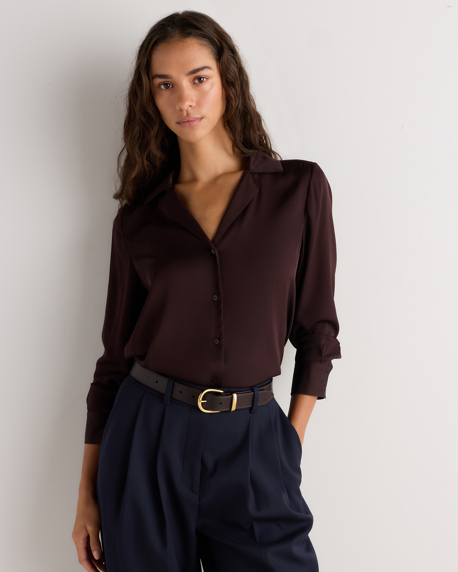 Chocolate Plum Brown Washable Stretch Silk Notch Collar Blouse