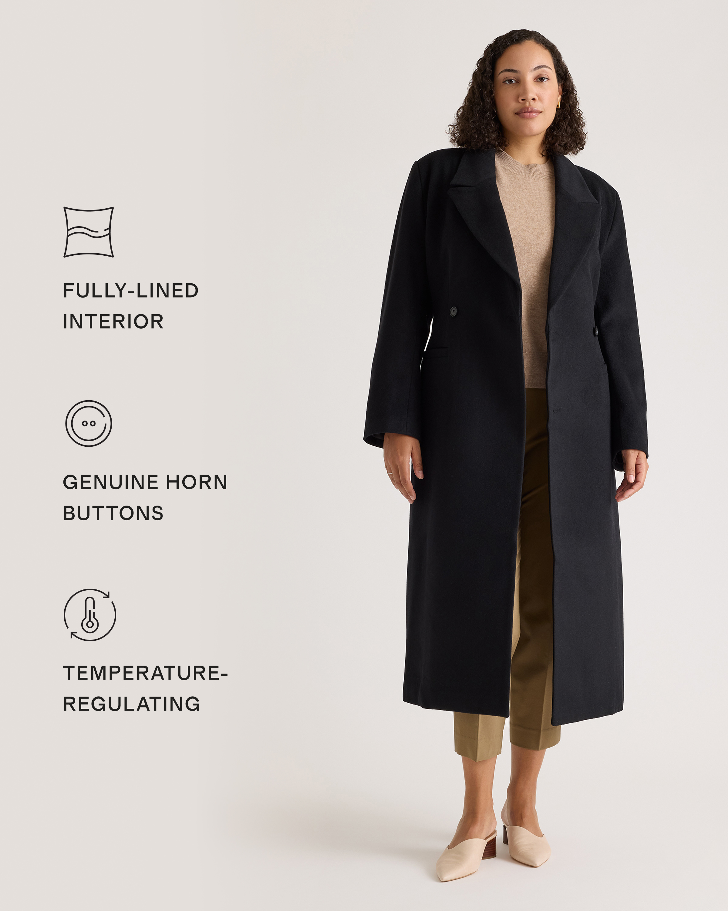 Italian Wool Tailored Long Coat in Black