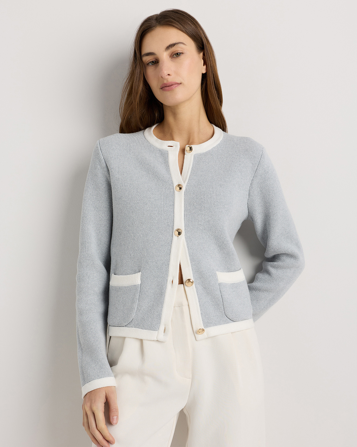 Heather Dove Grey/Ivory Colorblock 100% Organic Cotton Sweater Jacket