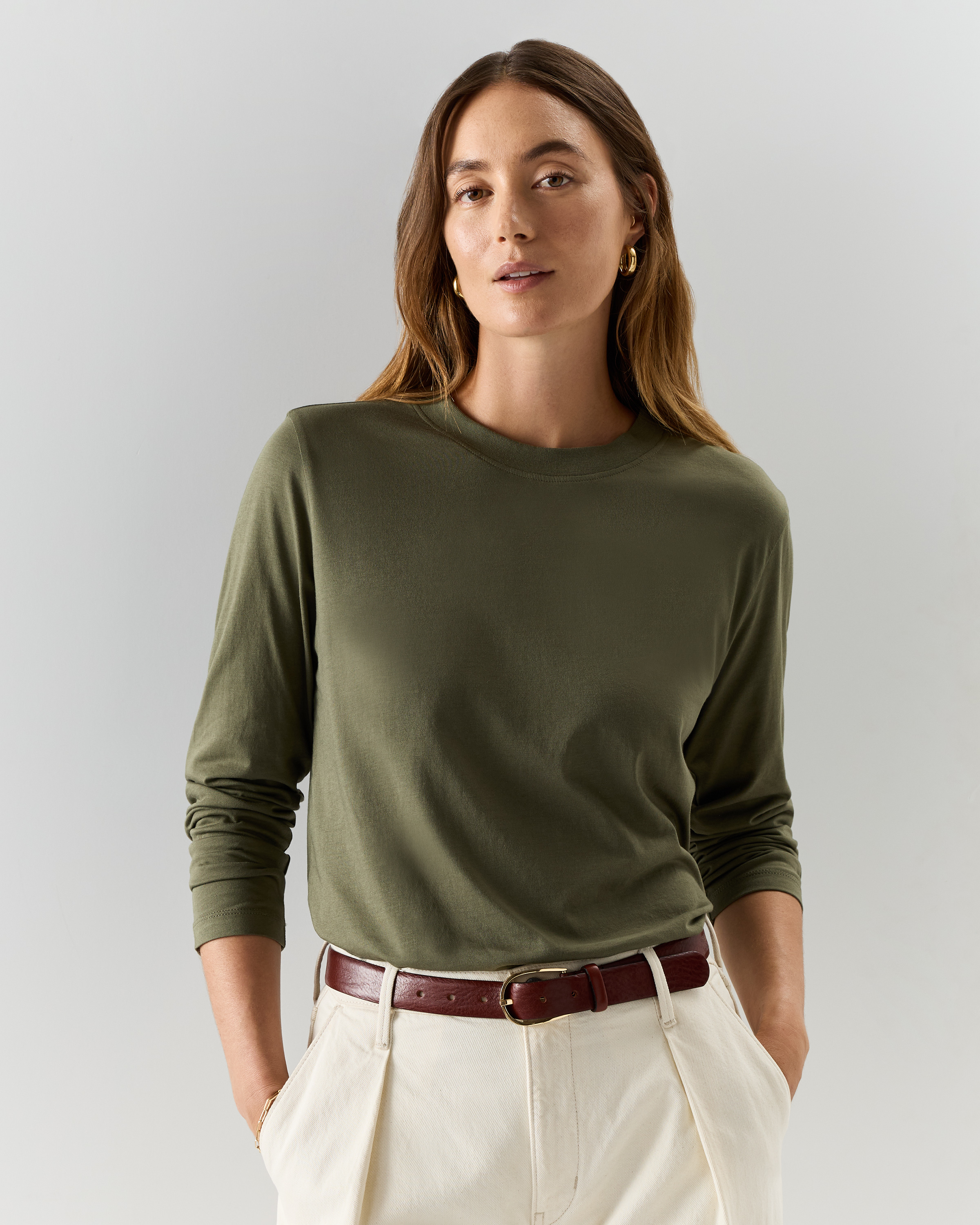 Cotton Modal Relaxed Long Sleeve Tee in Dark Olive