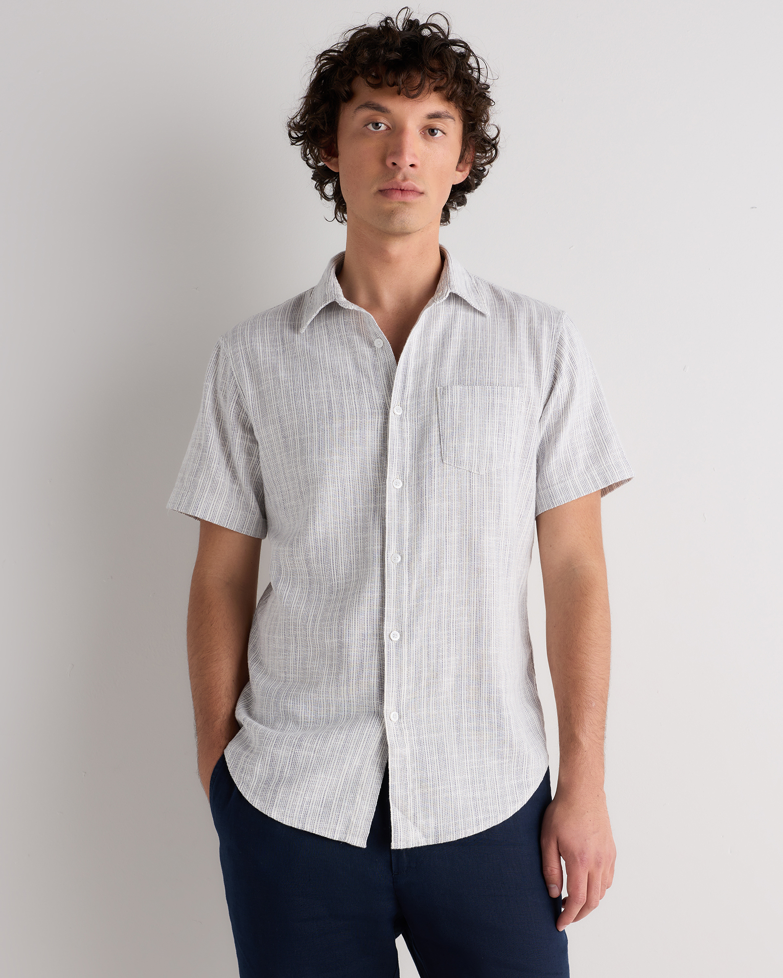 Mini Blue Stripe Organic Cotton Stretch Selvage Short Sleeve Shirt