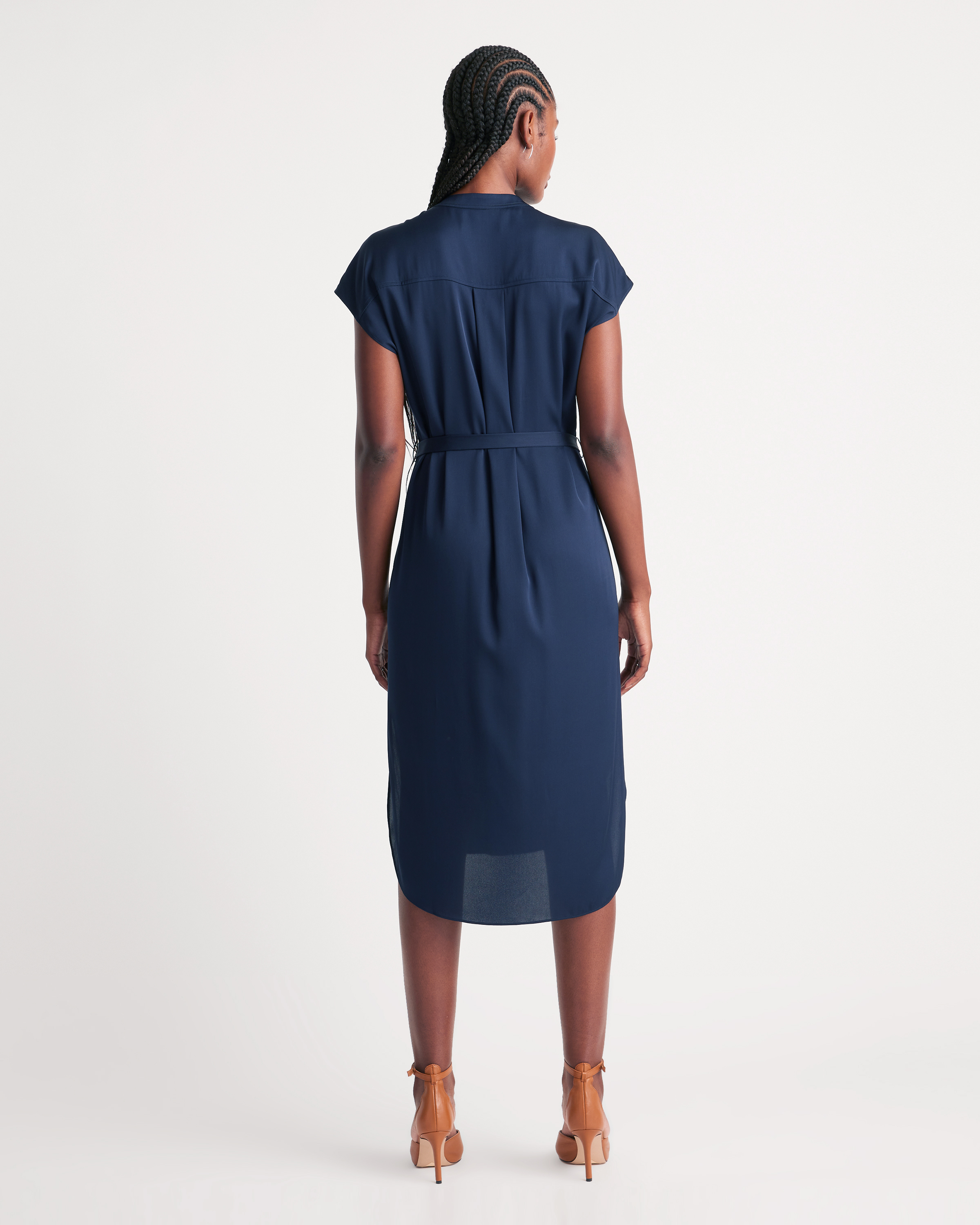 Washable Stretch Silk Midi Shirt Dress in Navy