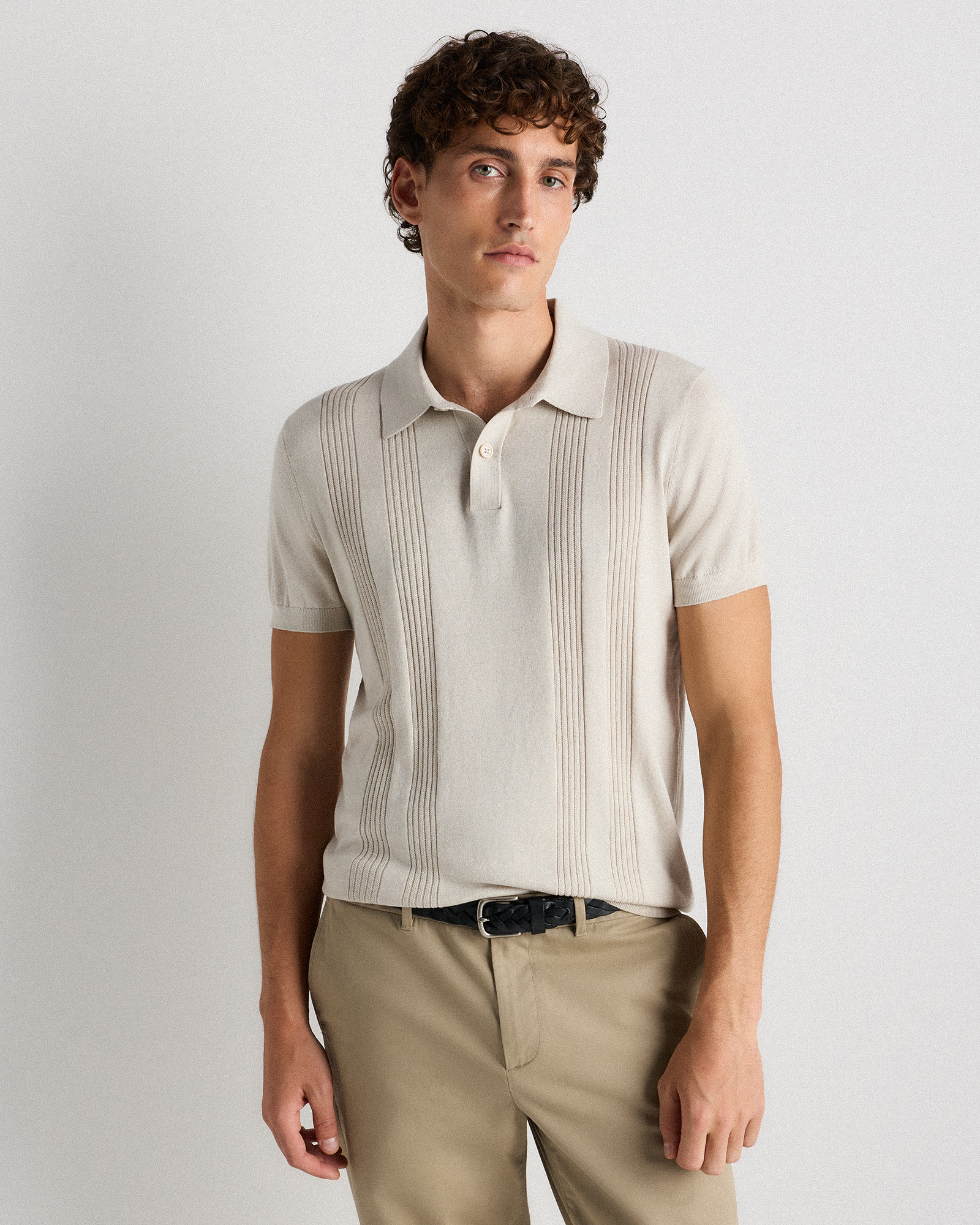 Speckled Beige Cotton-Silk Ribbed Short Sleeve Sweater Polo