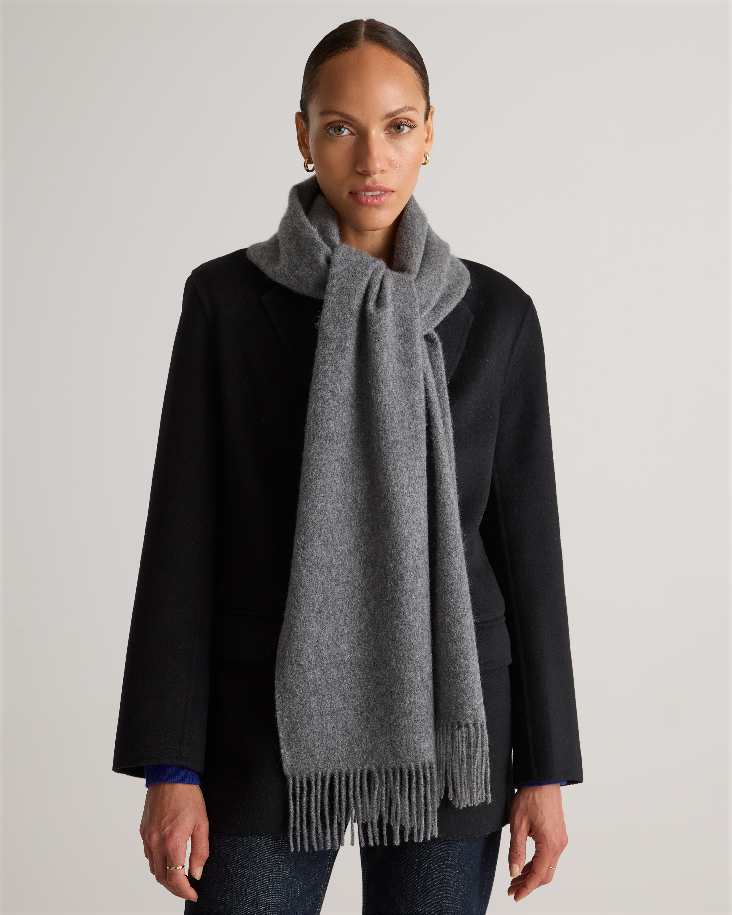 Dark Heather Grey Mongolian Cashmere Woven Fringe Scarf