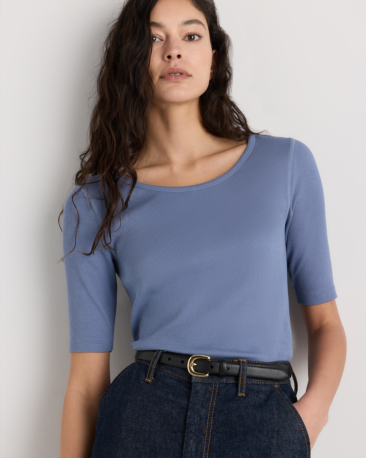 Moonstone Blue Organic Cotton Micro-Rib Elbow Sleeve Tee