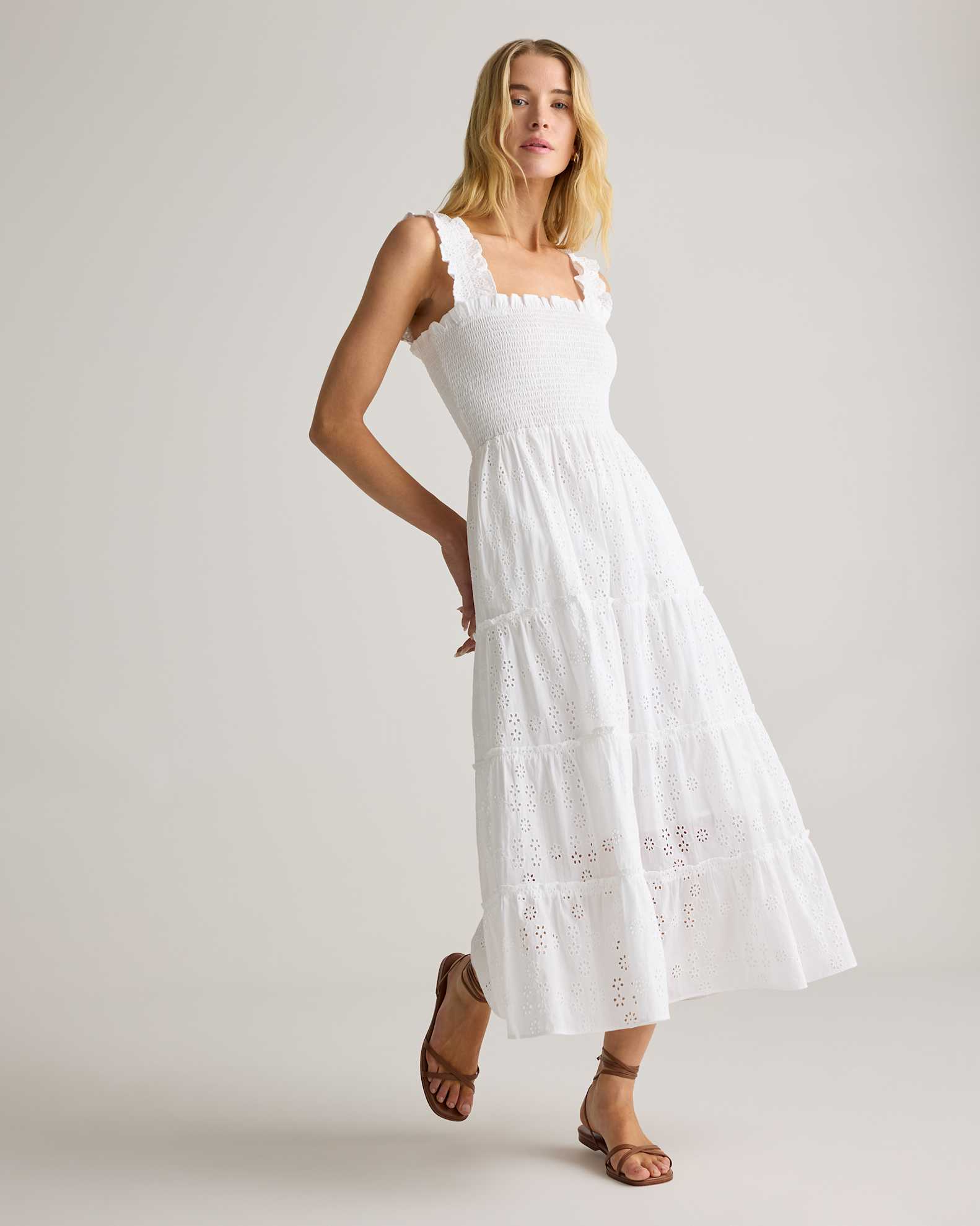 Quince Women's Organic Cotton Eyelet Smocked Midi Dress, Black, Size Large - Embroidered Detail, Relaxed Fit Quince Women's Organic Cotton Eyelet Smocked Midi Dress, Black, Size Large - Embroidered Detail, Relaxed Fit