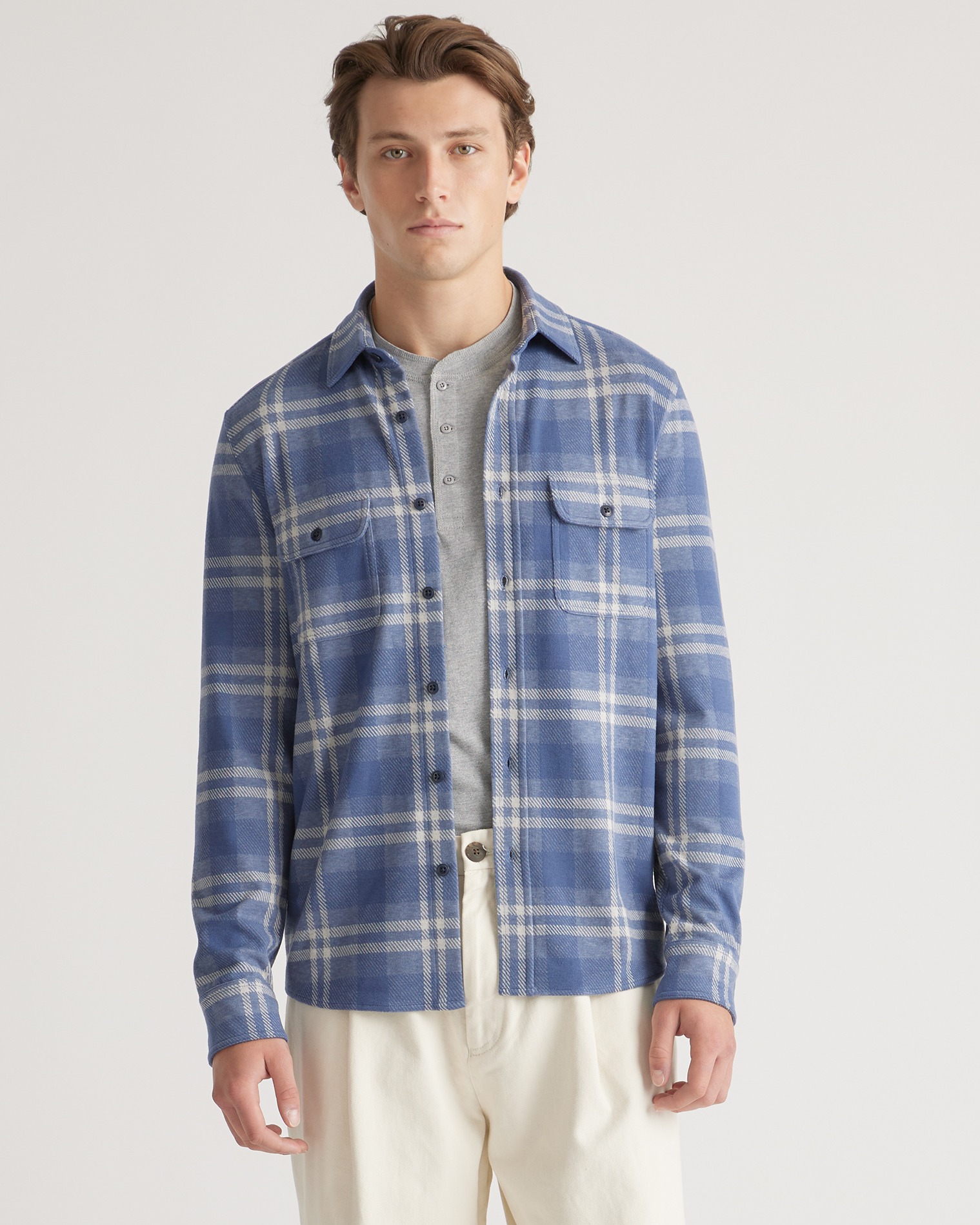 Quince Men's Stretch Sweater Fleece Shirt In Indigo Check