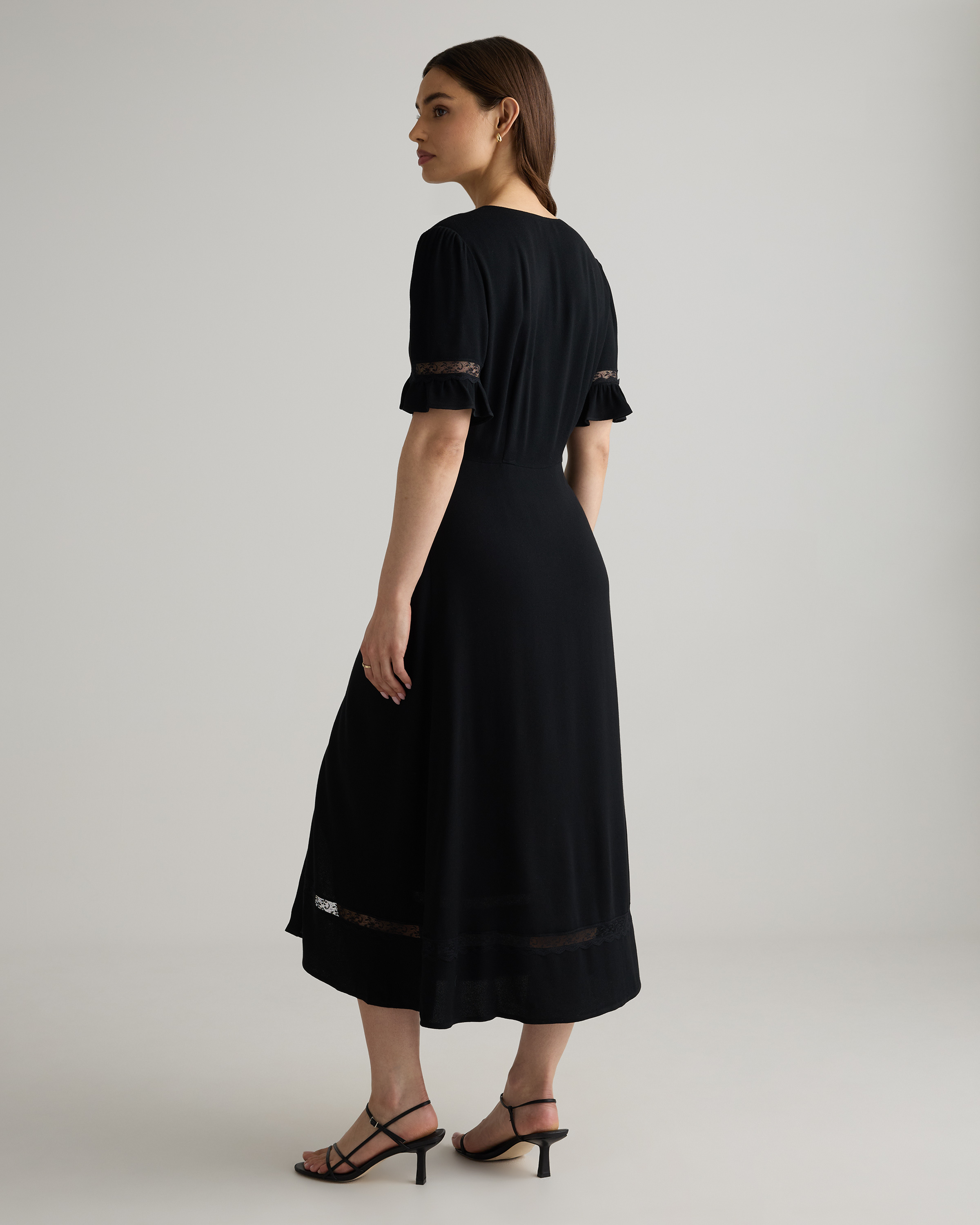 Lightweight Crepe Lace Inset Midi Dress in True Black