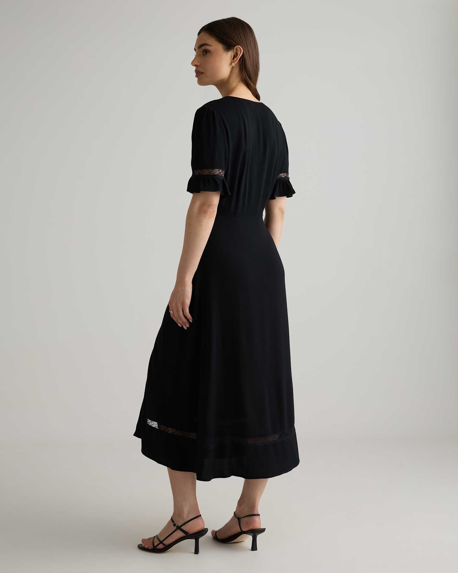 Lightweight Crepe Lace Inset Midi Dress in True Black Lightweight Crepe Lace Inset Midi Dress in True Black