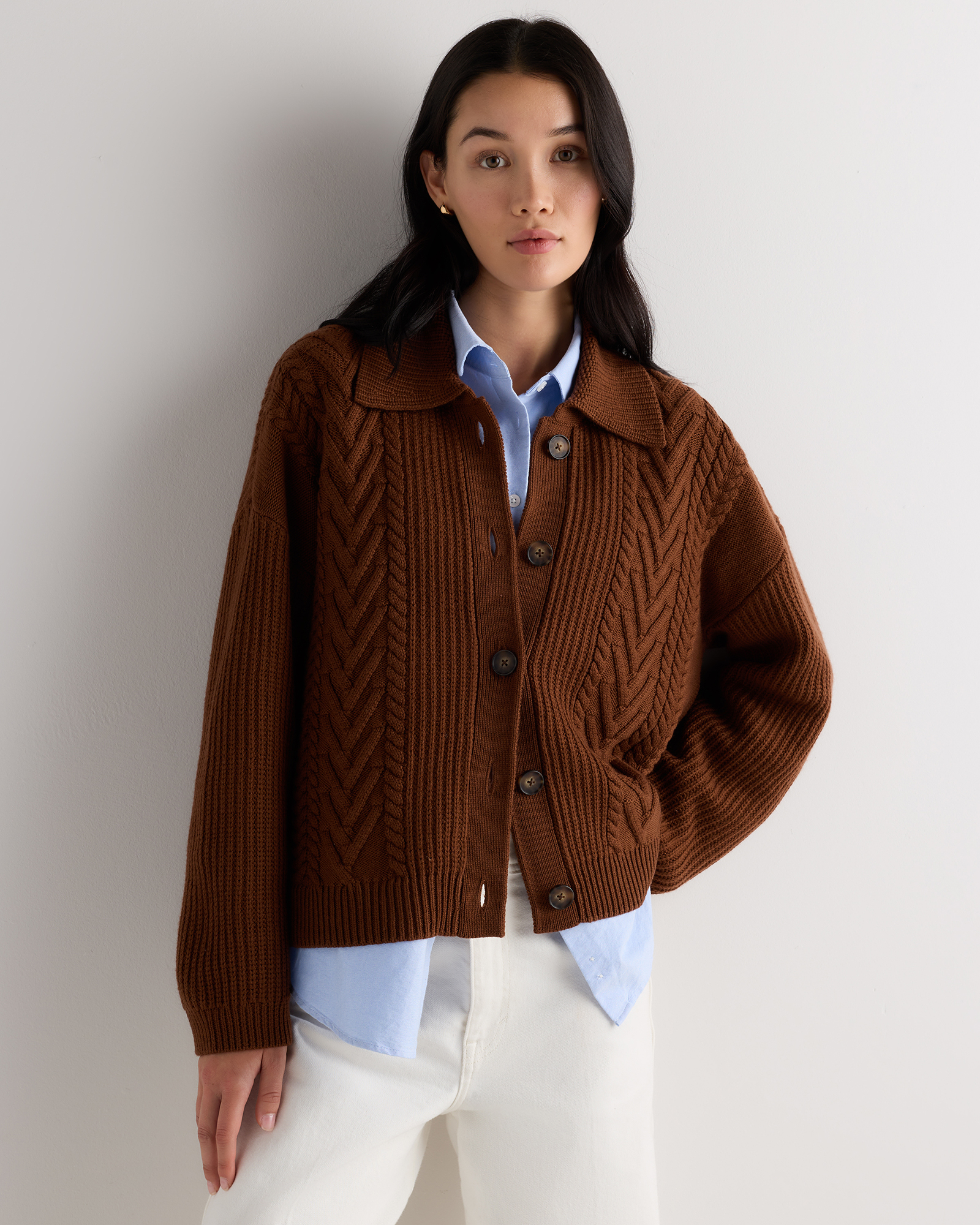 Tobacco Brown Australian Merino Wool Collared Cable Cardigan