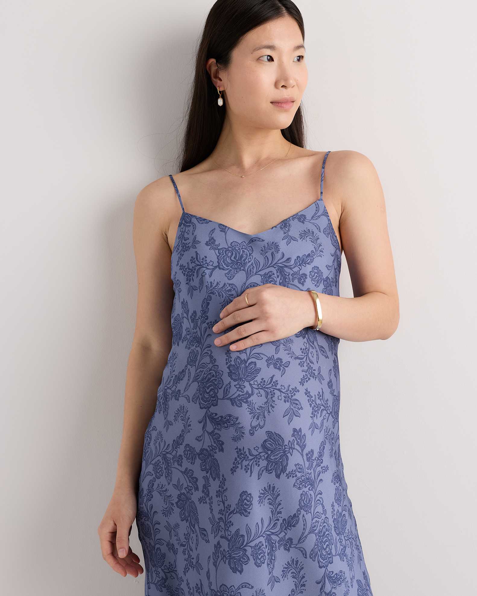Women's Washable Stretch Silk Maternity Slip Dress in Moonstone Blue Heirloom Floral, Size XS by Quince Women's Washable Stretch Silk Maternity Slip Dress in Moonstone Blue Heirloom Floral, Size XS by Quince