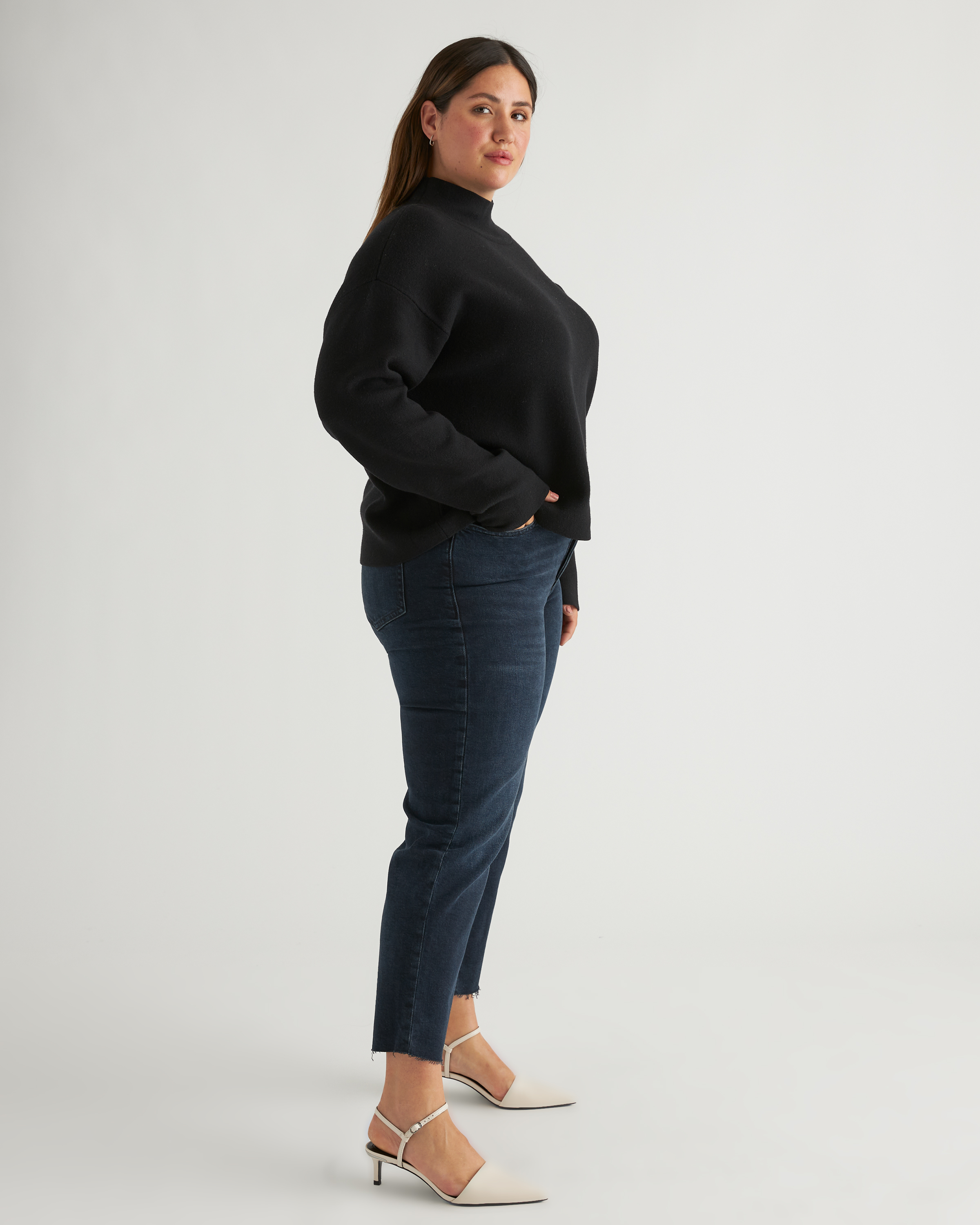 Eco-Knit Milano Stitch Mock Neck Pullover in Black