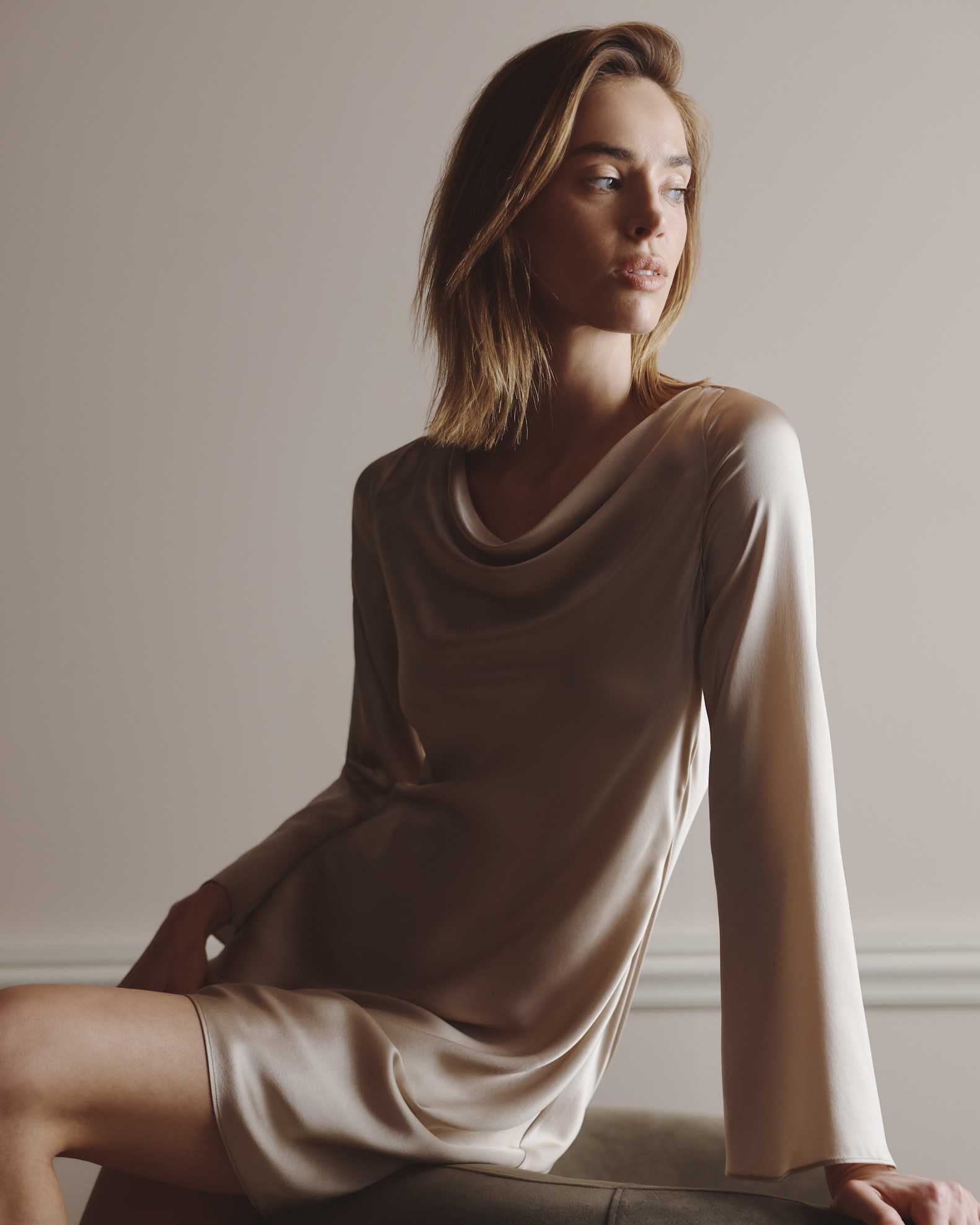 100% Washable Silk Long Sleeve Mini Dress in Champagne 100% Washable Silk Long Sleeve Mini Dress in Champagne