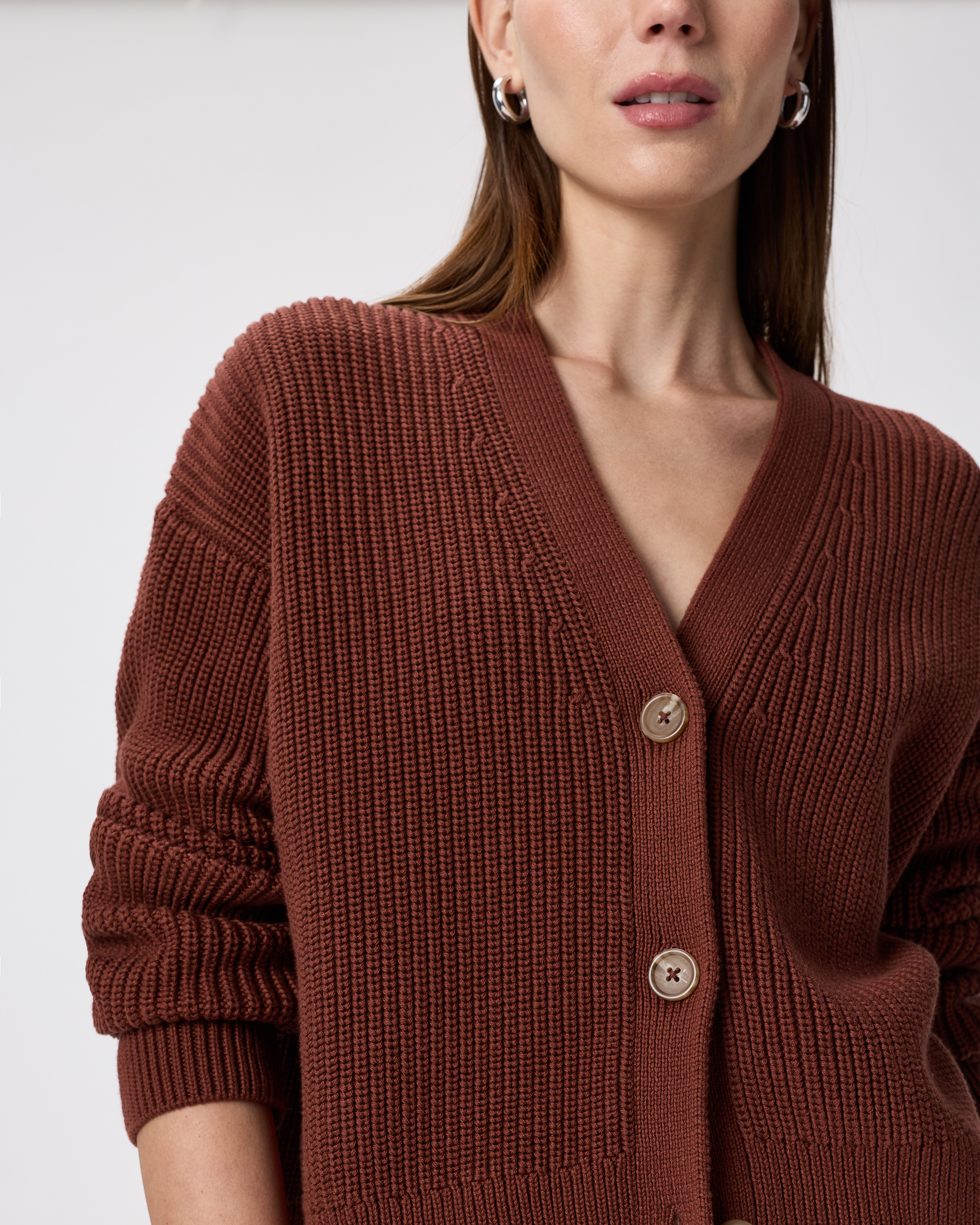 100% Organic Cotton Fisherman Boxy Cropped Cardigan in Redwood Brown