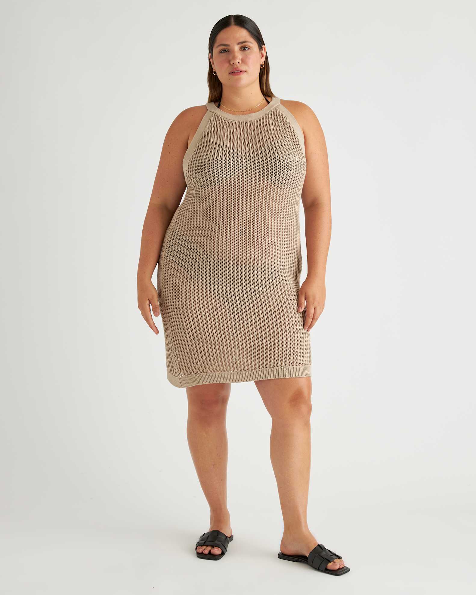 100% Organic Cotton Open-Knit Cover-Up Mini Dress in Beige 100% Organic Cotton Open-Knit Cover-Up Mini Dress in Beige