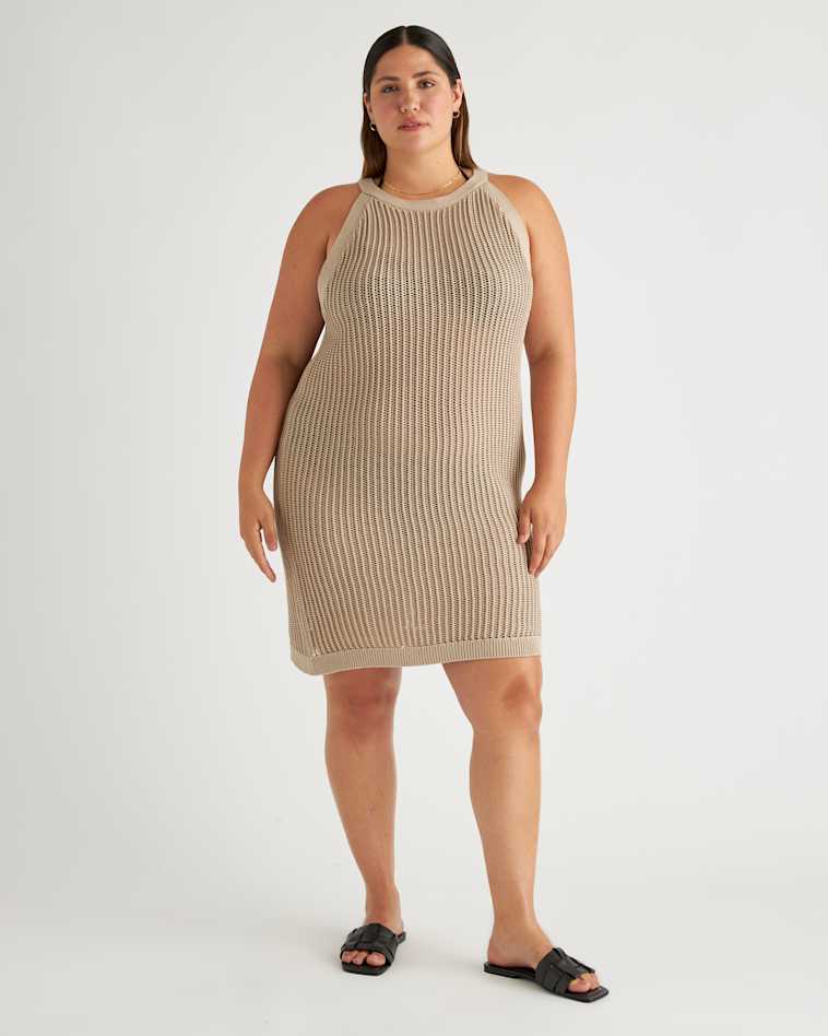 Quince Women's Organic Cotton Open-Knit Long Sleeve Beach Cover-Up Mini Dress, Beige, Size Large Quince Women's Organic Cotton Open-Knit Long Sleeve Beach Cover-Up Mini Dress, Beige, Size Large