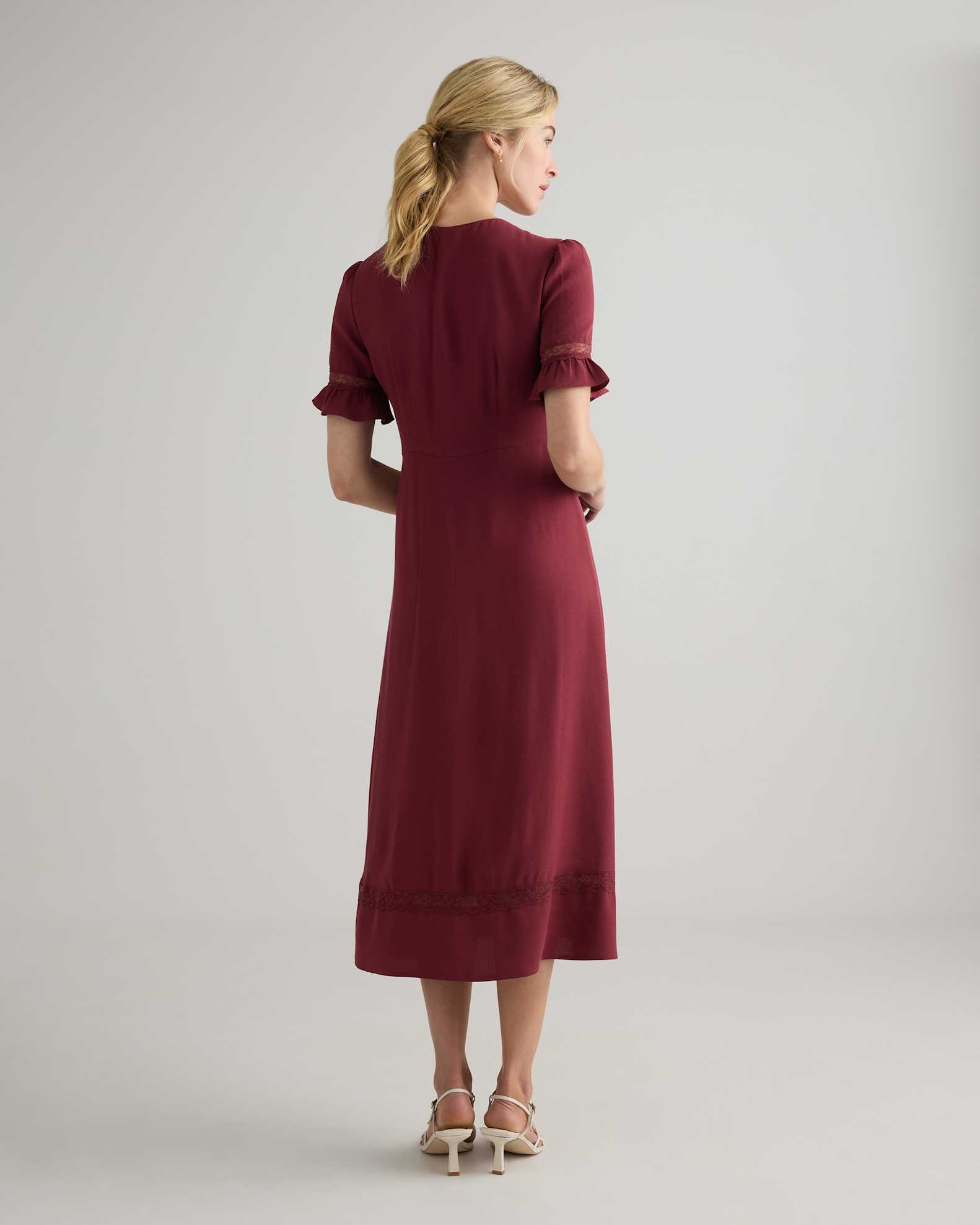 Women's Lightweight Crepe Lace Inset Midi Dress in Maroon, Size Small, Viscose by Quince Women's Lightweight Crepe Lace Inset Midi Dress in Maroon, Size Small, Viscose by Quince