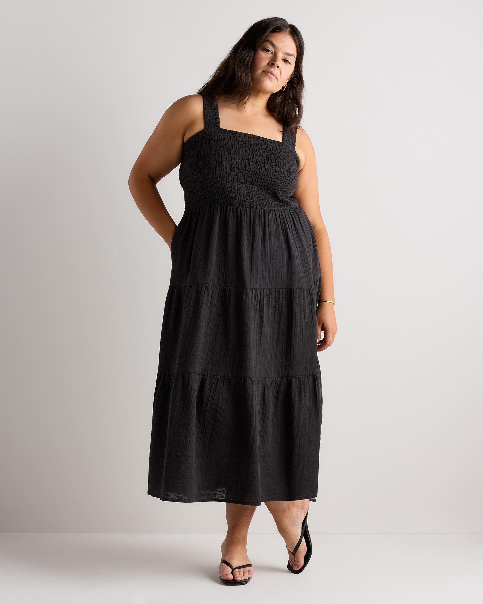 Black 100% Organic Cotton Gauze Smocked Sleeveless Maxi Dress