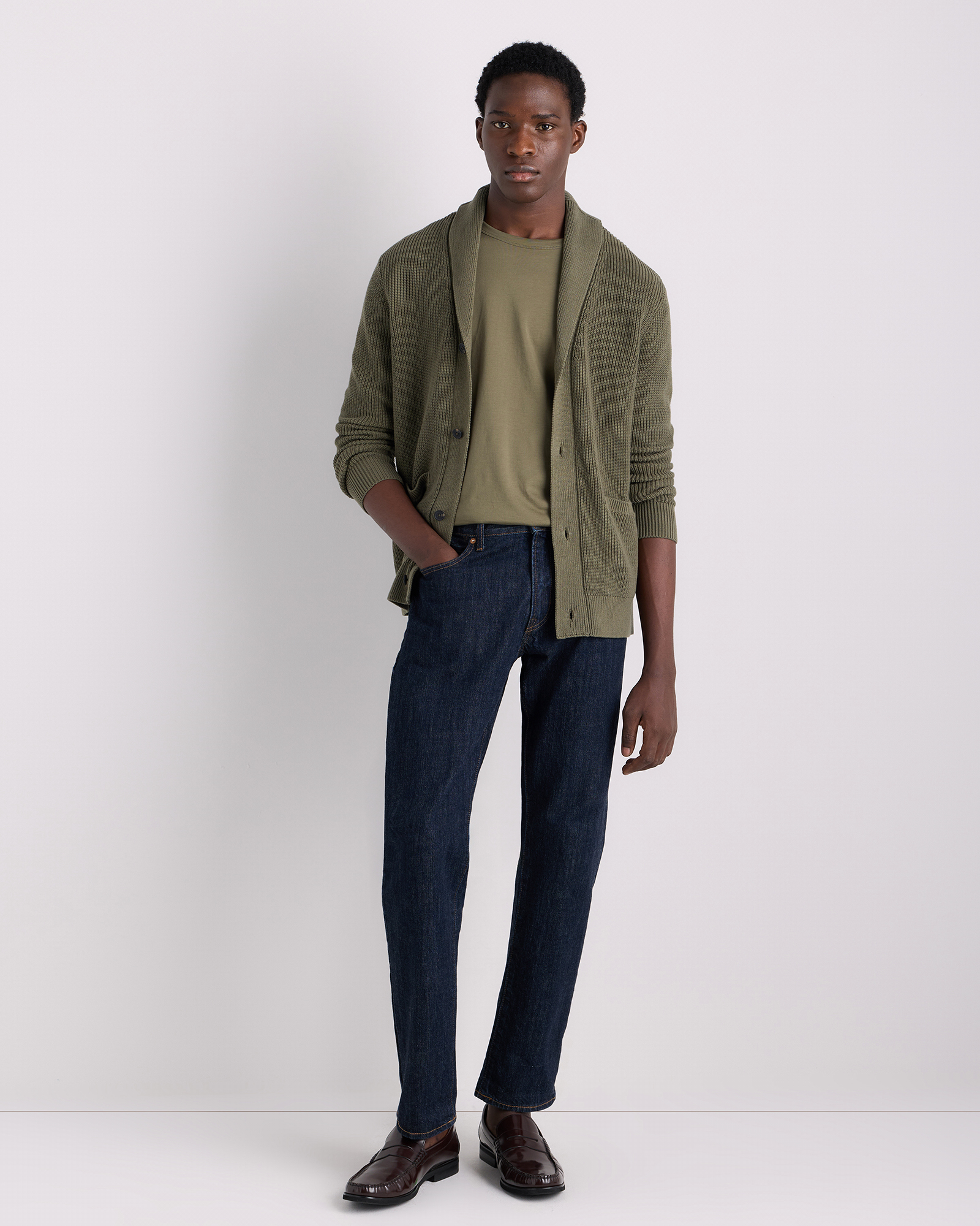 Men's 100% Organic Cotton Ribbed Shawl-Collar Cardigan Sweater