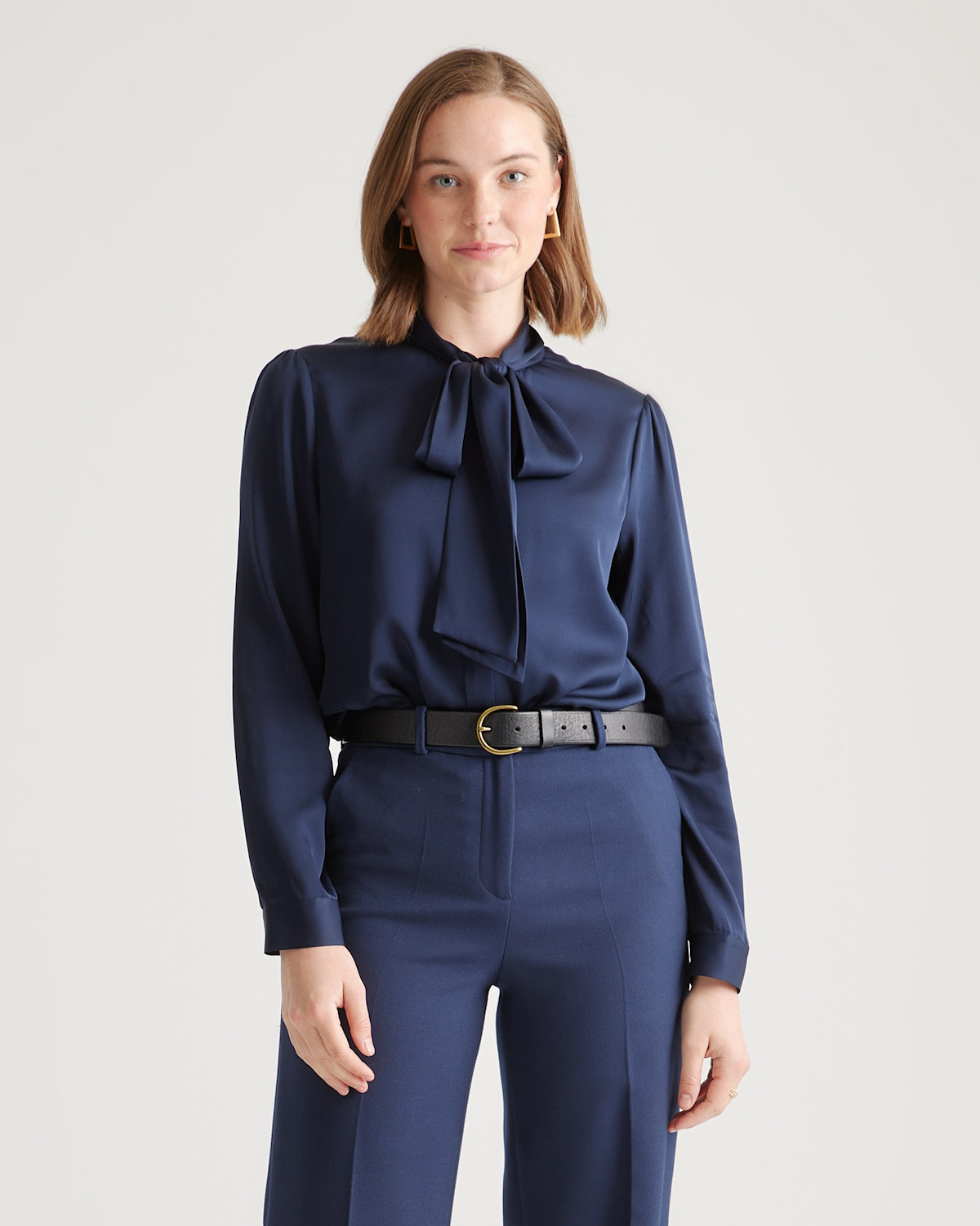 Quince Washable Stretch Silk Tie Neck Blouse in Navy