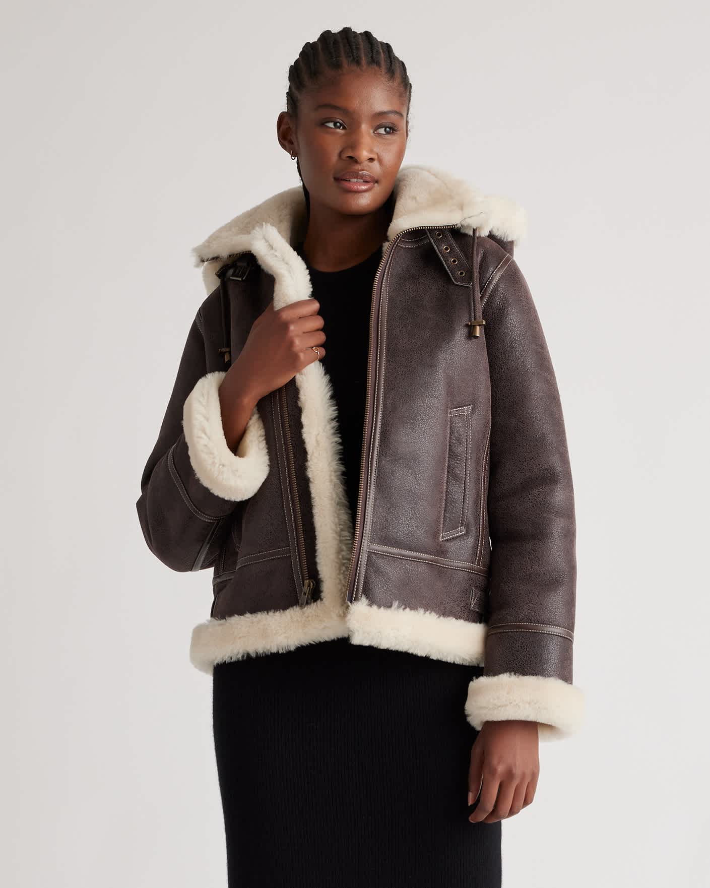 100% Shearling Cold Weather Bomber Jacket in Dark Brown