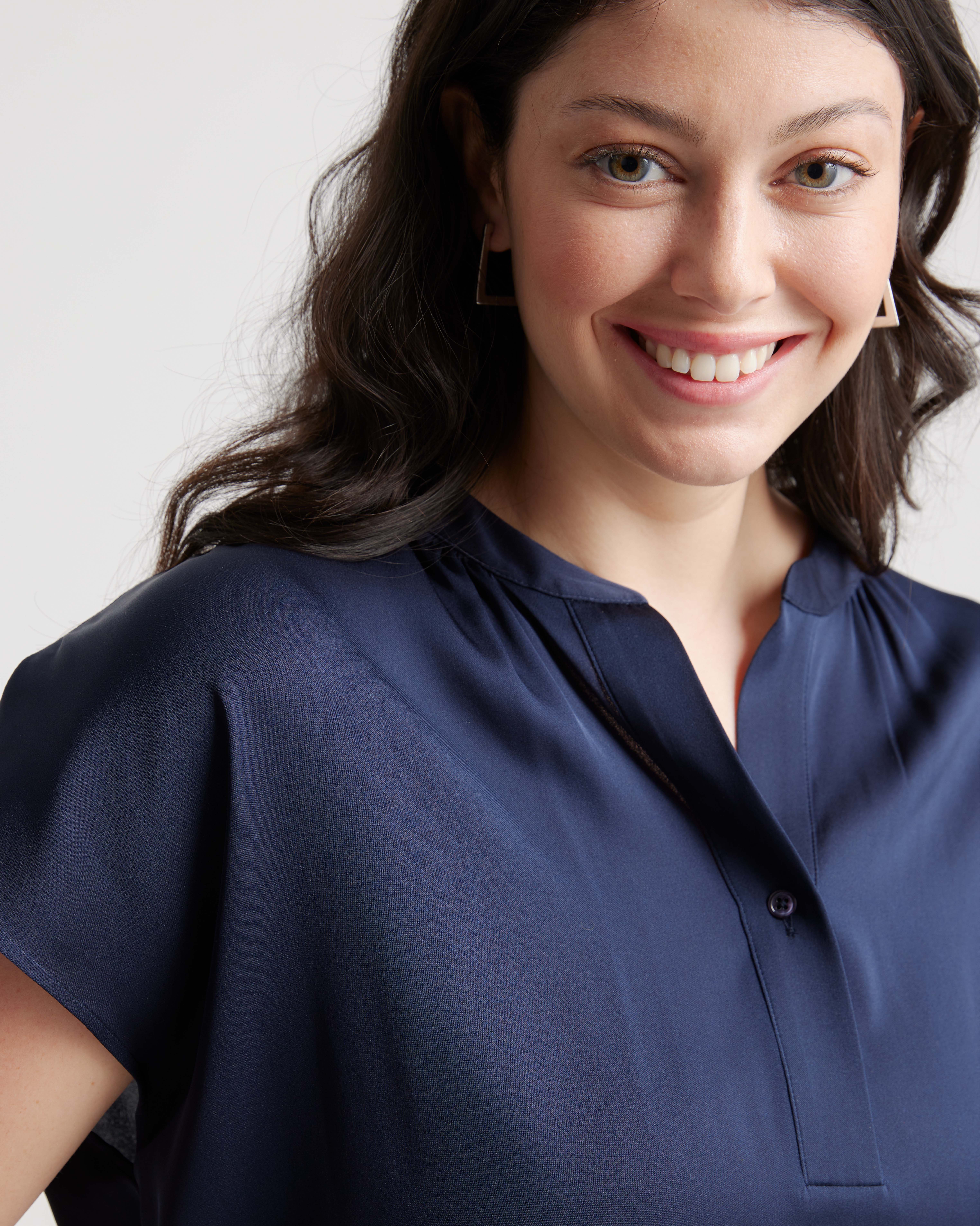 Women's Washable Stretch Silk Dolman Sleeve Blouse in Navy
