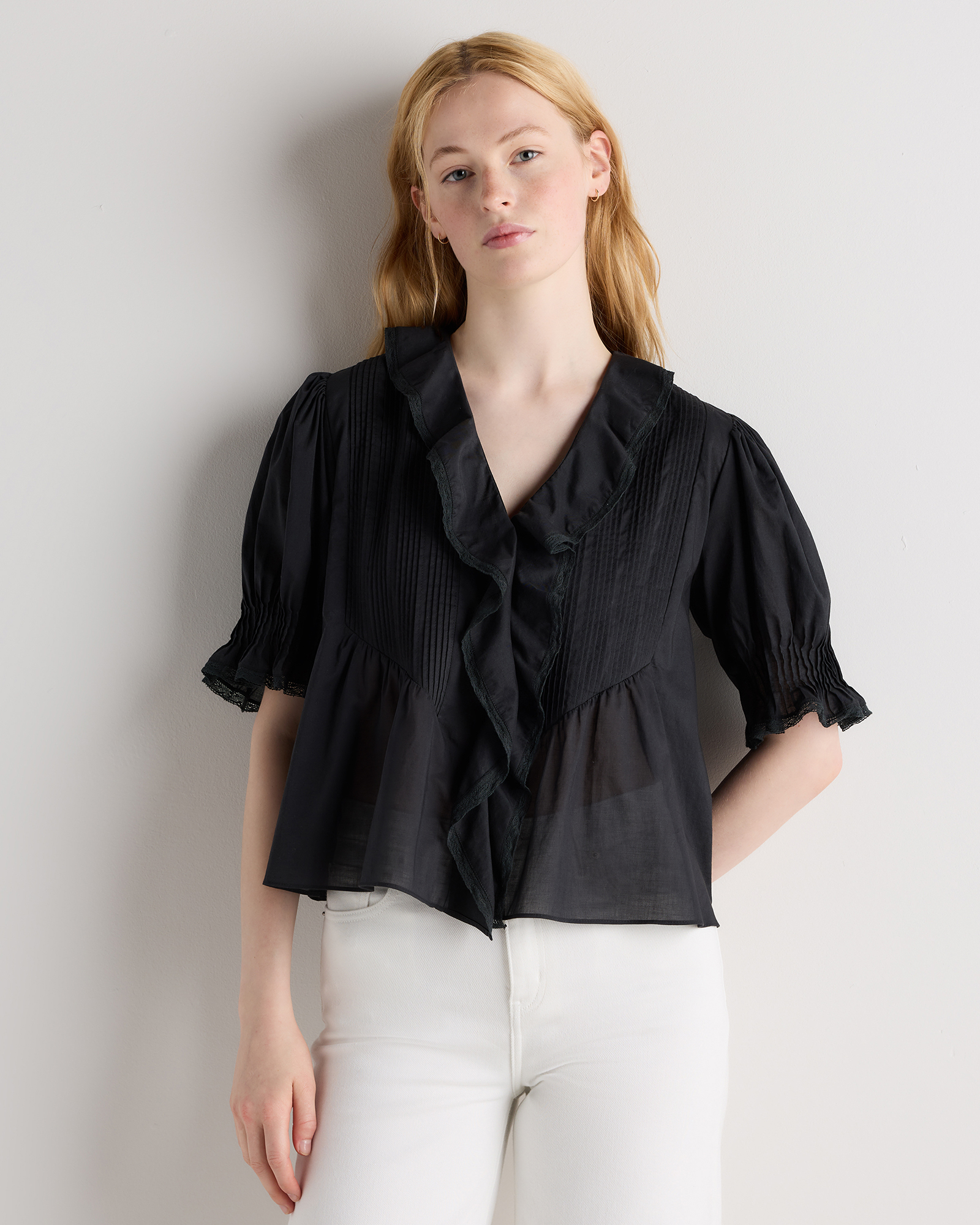 True Black Organic Cotton Voile Short Sleeve Peasant Blouse