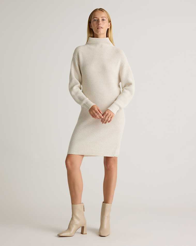 Eco-Knit Ribbed Mock Neck Sweater Dress in Ivory Eco-Knit Ribbed Mock Neck Sweater Dress in Ivory