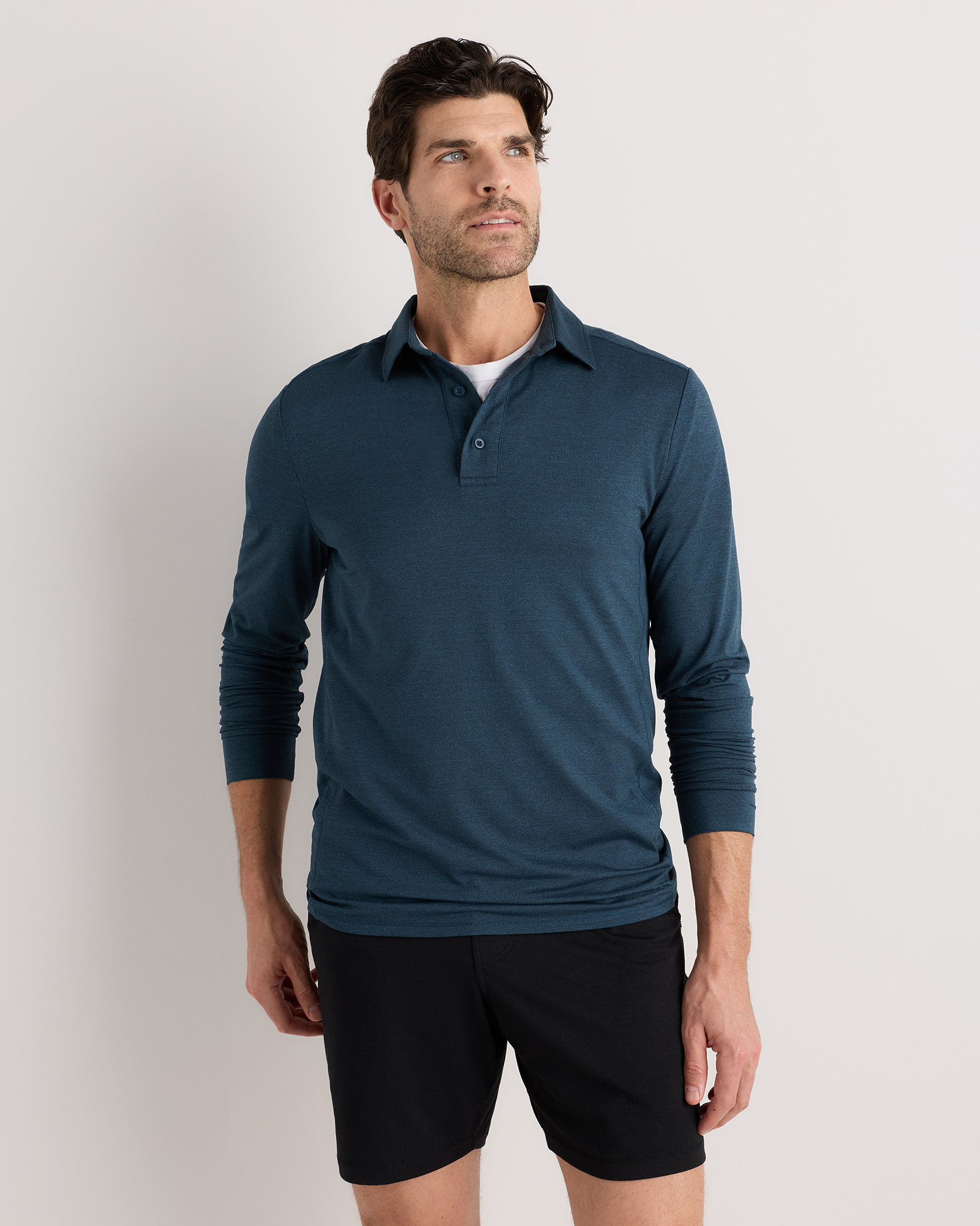 Heather Ocean Navy Flowknit Breeze Performance Long Sleeve Polo