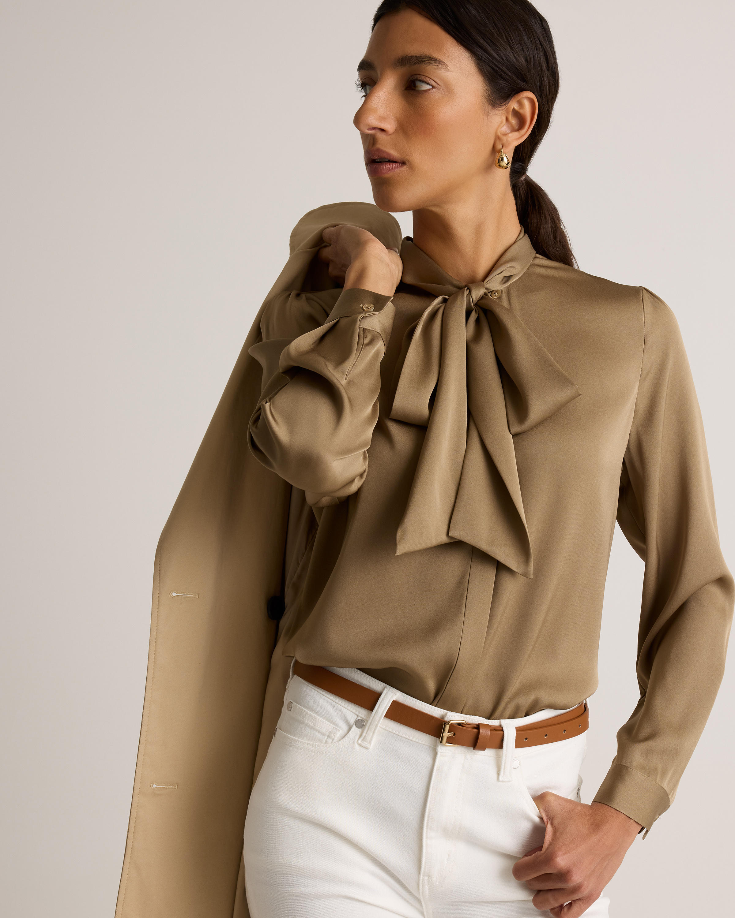 Washable Stretch Silk Tie Neck Blouse