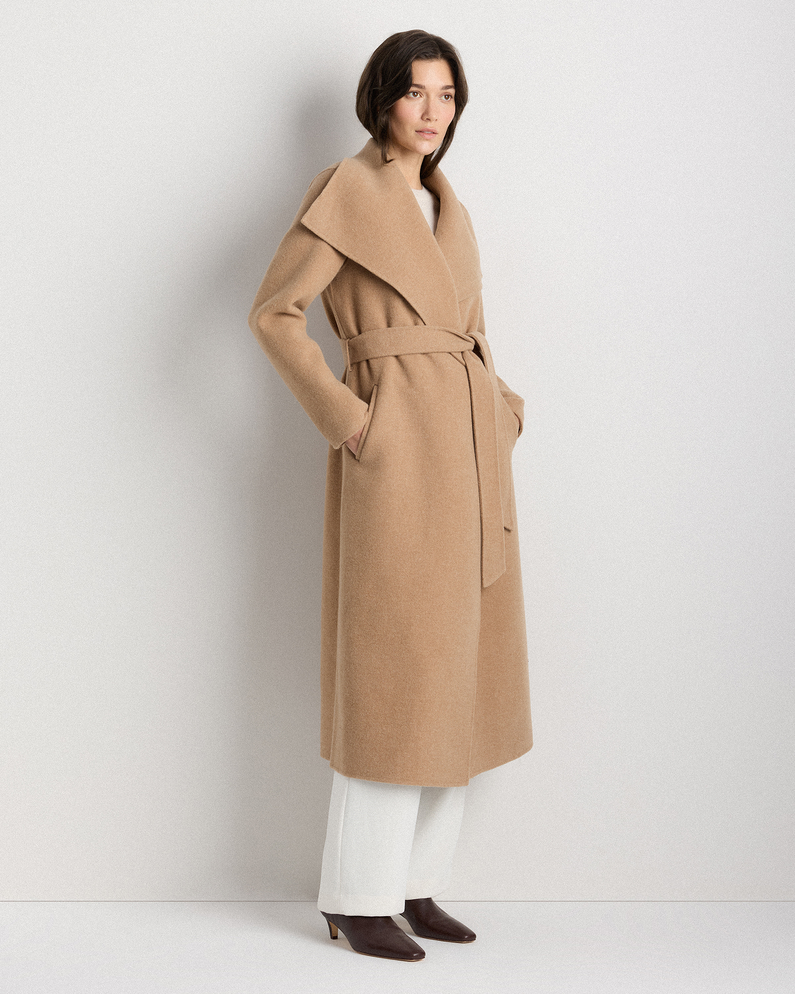 Double-Faced Merino Wool Draped Collar Wrap Coat in Caramel