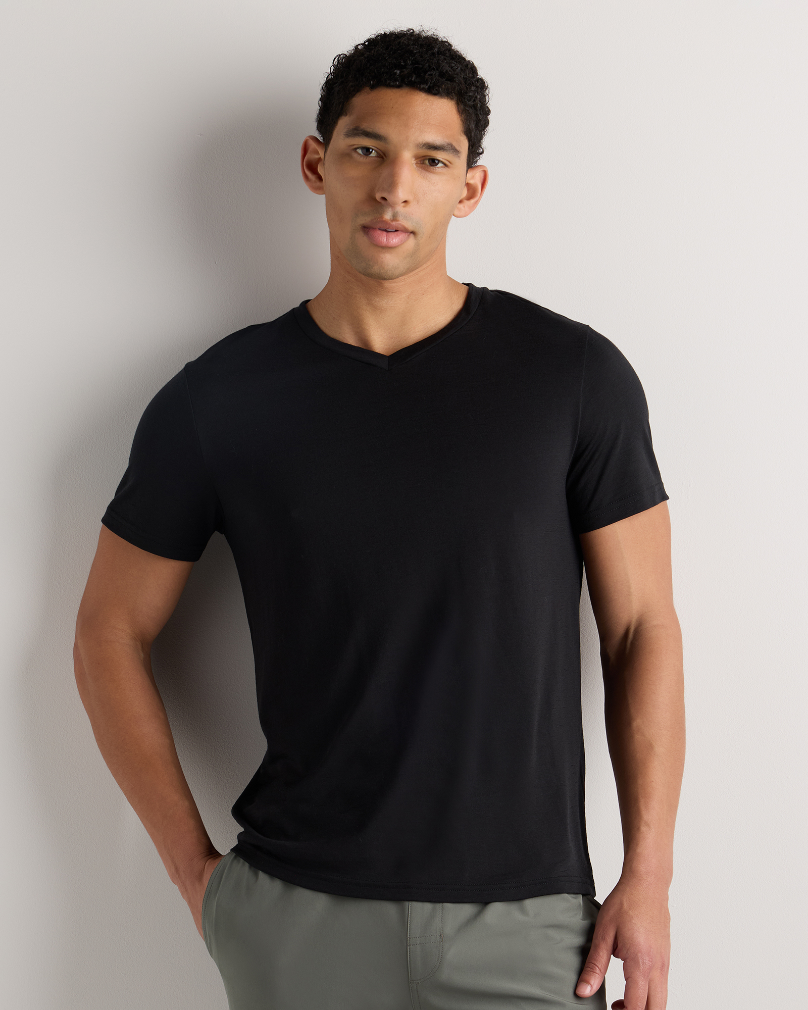 Black 100% Merino Wool All-Season V-Neck Base Layer Tee