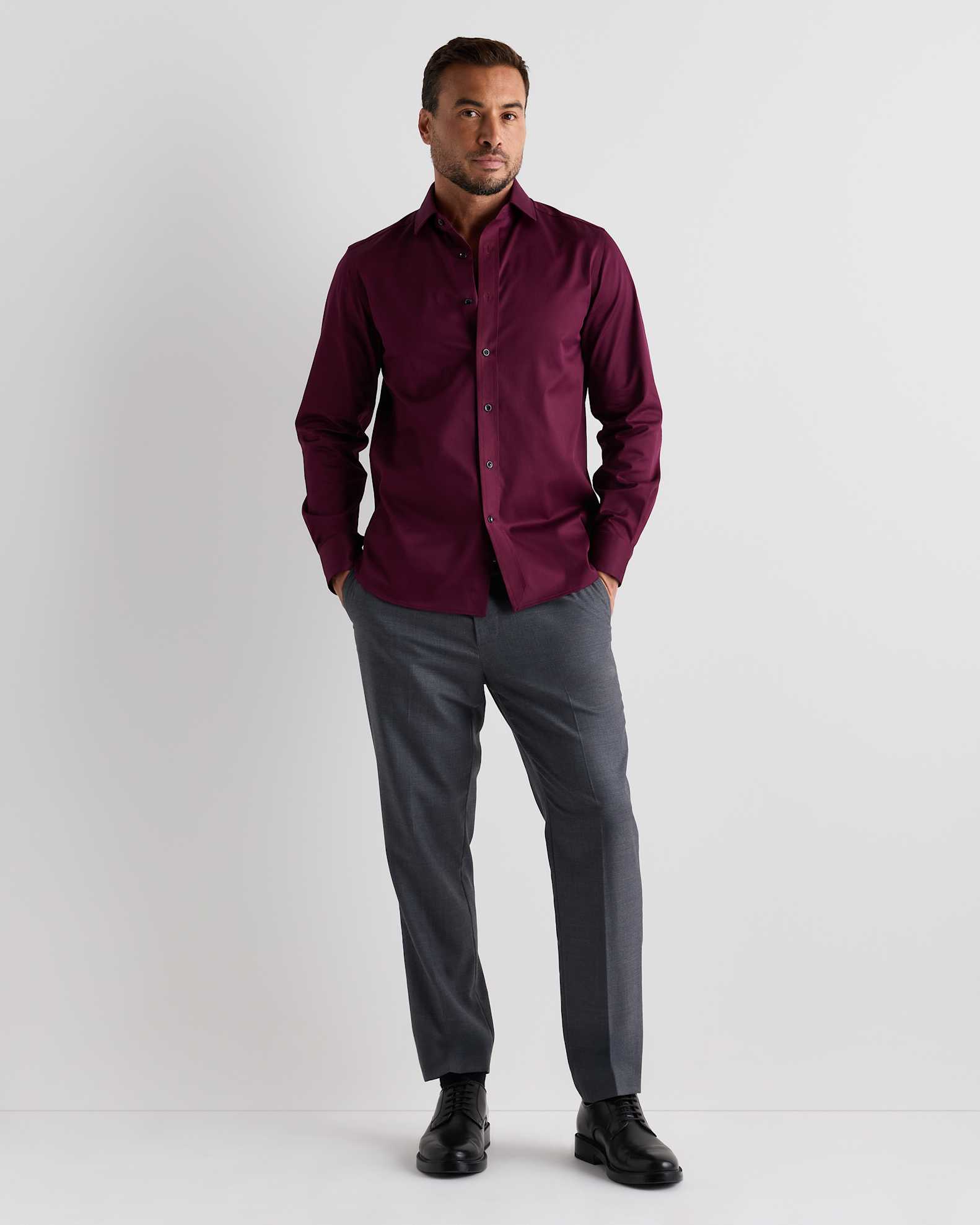 Organic Cotton Stretch Twill Dress Shirt in Barolo Burgundy Organic Cotton Stretch Twill Dress Shirt in Barolo Burgundy