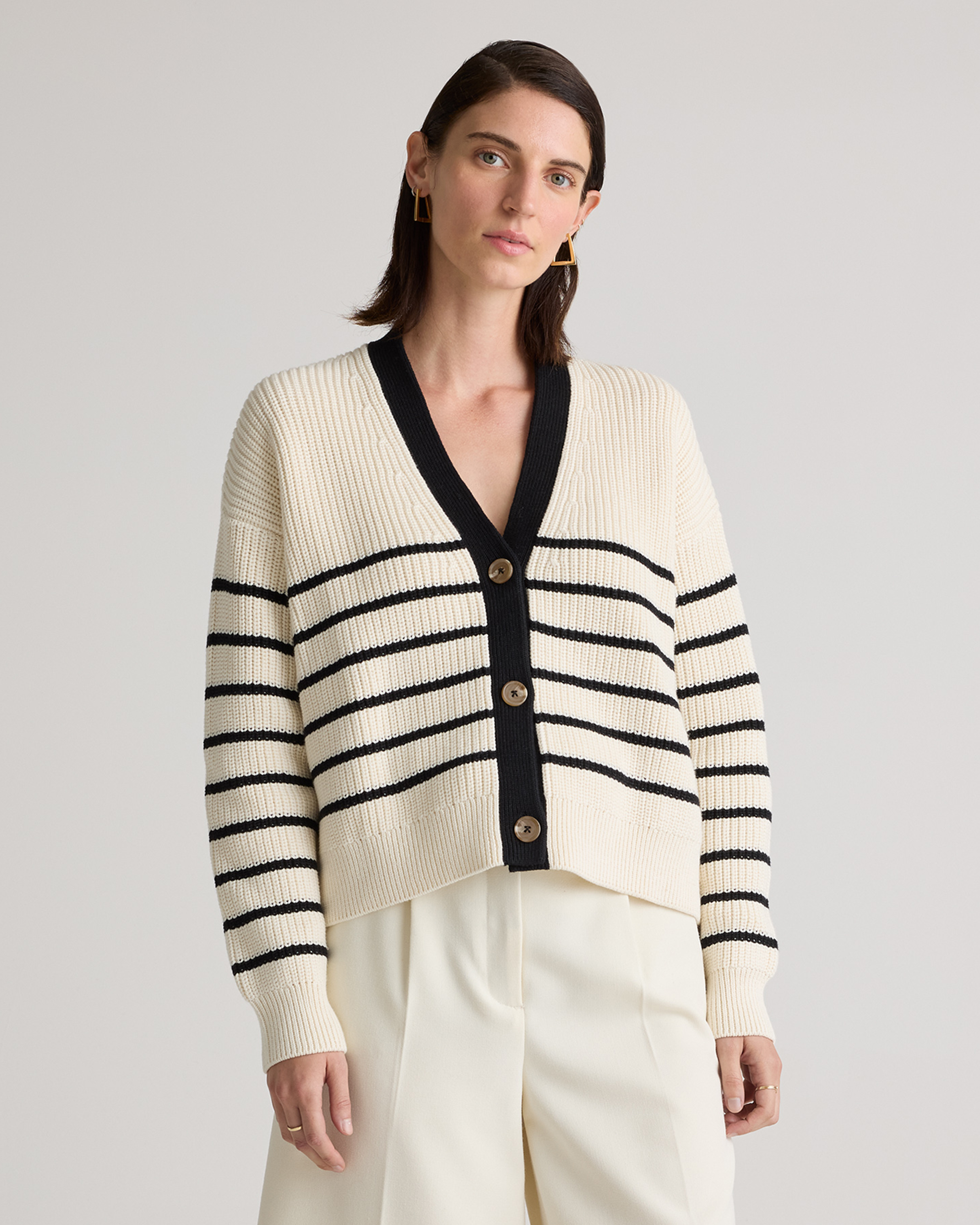 Quince Women's Fisherman Boxy Cropped Cardigan Sweater In Offwhite/black Stripe