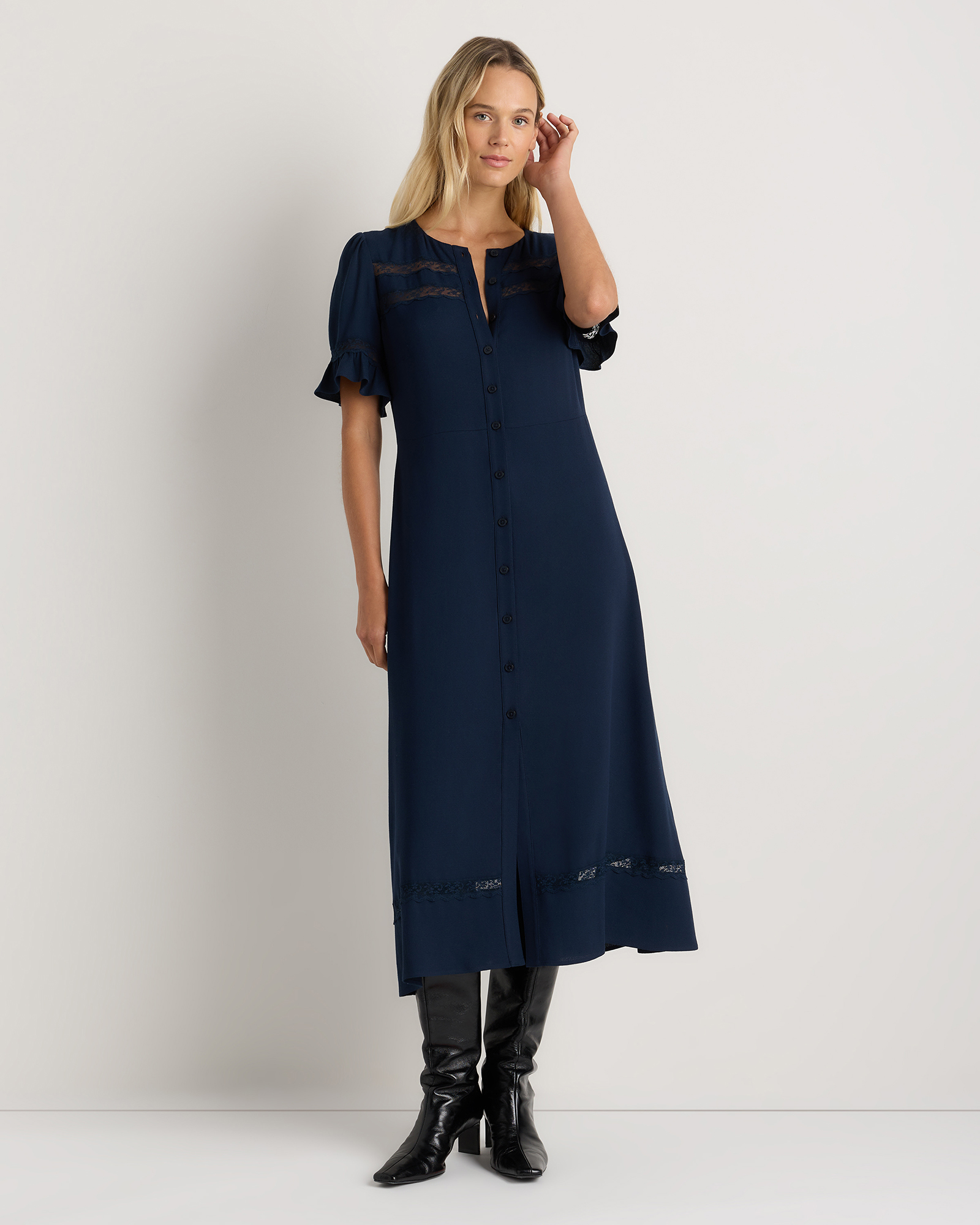 Women's Lightweight Crepe Lace Inset Midi Dress in Deep Navy, Size XS, Viscose by Quince