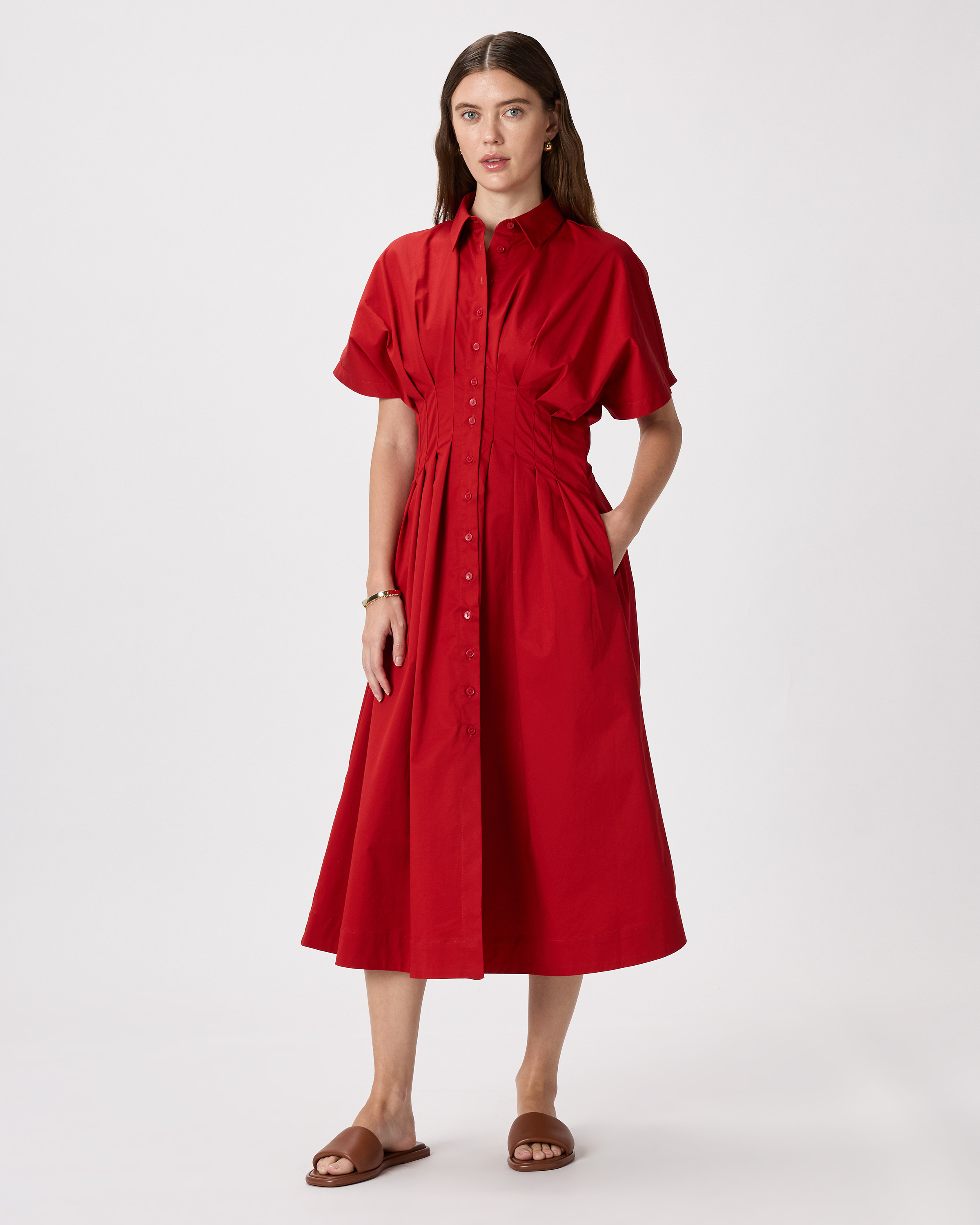 Chile Stretch Twill Pleated Midi Shirt Dress