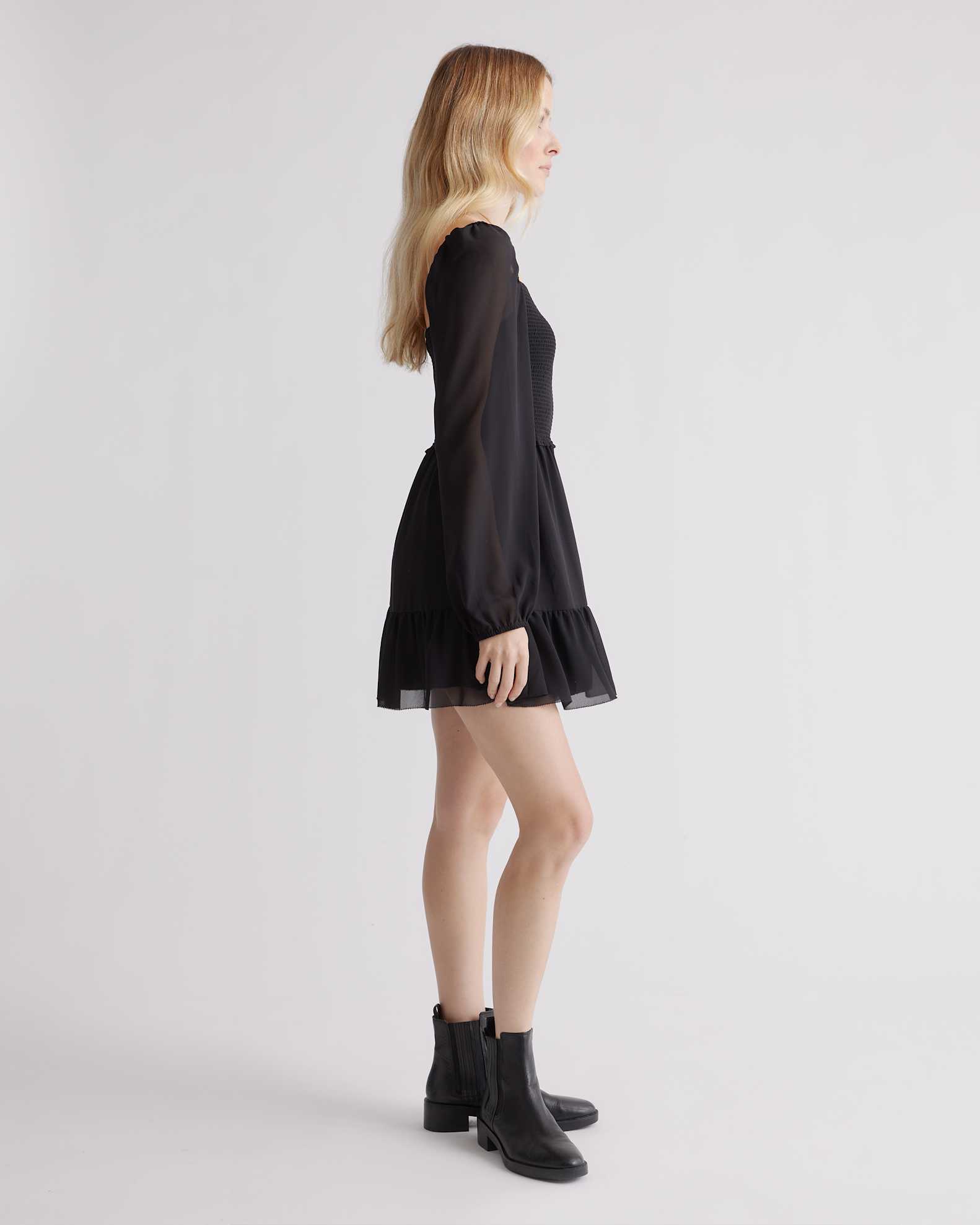 Chiffon Smocked Mini Dress in Black Chiffon Smocked Mini Dress in Black
